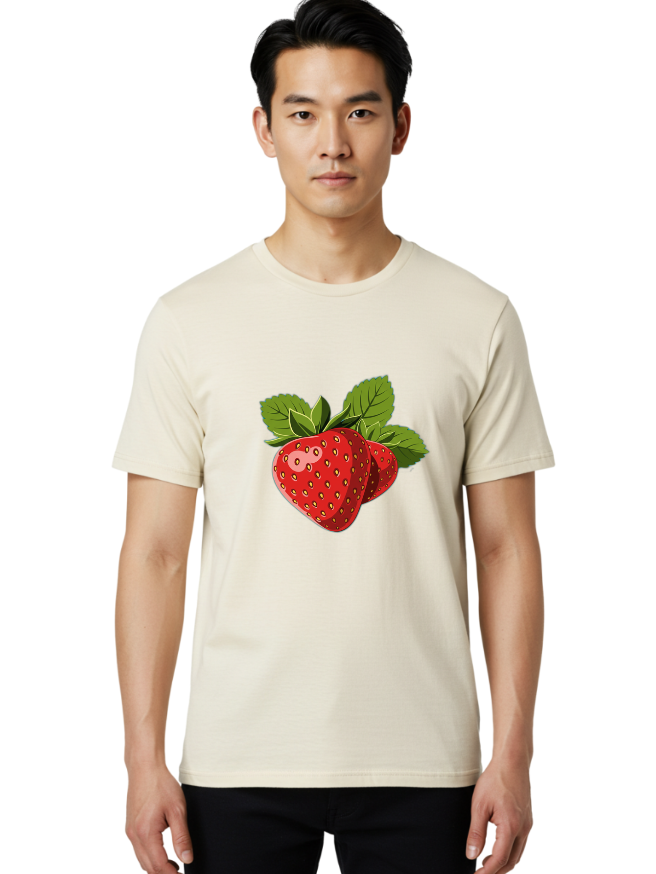 Strawberries Men'S Graphic Tee, 100% Cotton, Comfortable Casual Summer Wear, Machine Washable, Strawberries With Leaves, Fresh Fruit, Red Strawberries, Strawberry Illustration, Sweet Treats, Healthy Snacks, Green Leaves, Ripe Strawberries, Bac463