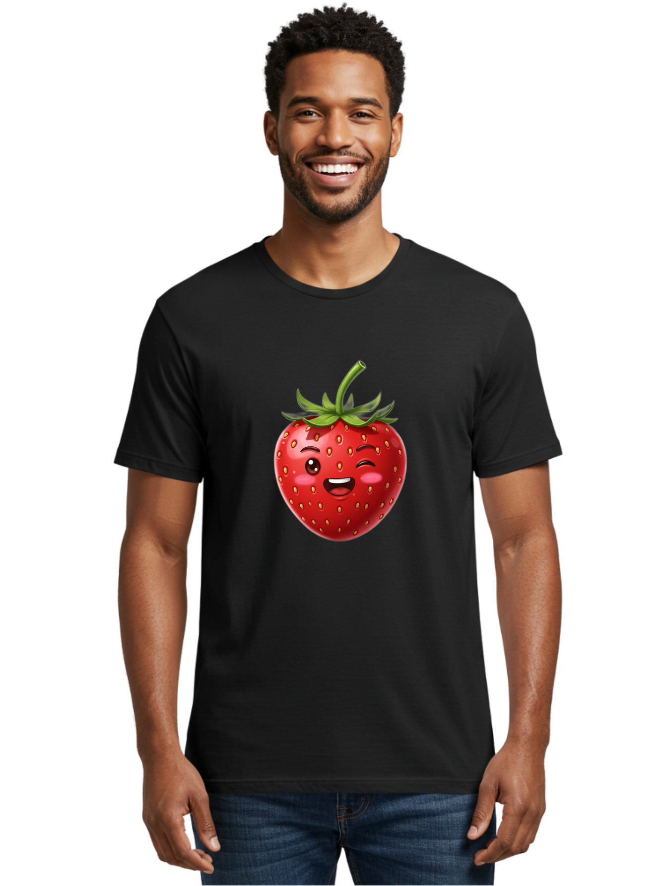 Strawberry-1 Men'S Graphic Tee, 100% Cotton, Comfortable Casual Summer Wear, Machine Washable, Winking Strawberry Emoji, Cartoon Strawberry, Funny Fruit, Red Strawberry, Smiling Face, Cute Character, Playful Emoji, Winking Face, Bac464