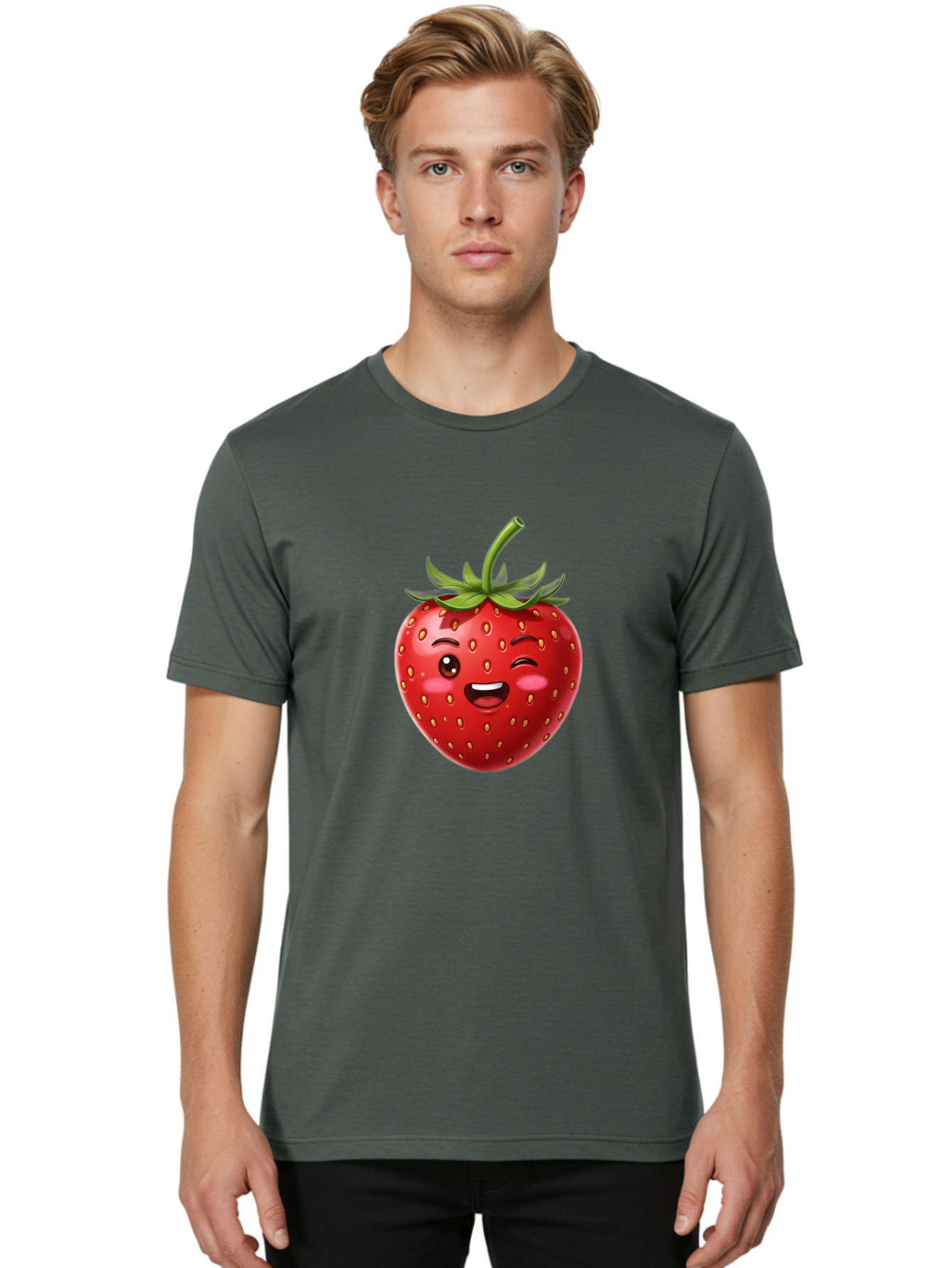 Strawberry-1 Men'S Graphic Tee, 100% Cotton, Comfortable Casual Summer Wear, Machine Washable, Winking Strawberry Emoji, Cartoon Strawberry, Funny Fruit, Red Strawberry, Smiling Face, Cute Character, Playful Emoji, Winking Face, Bac464
