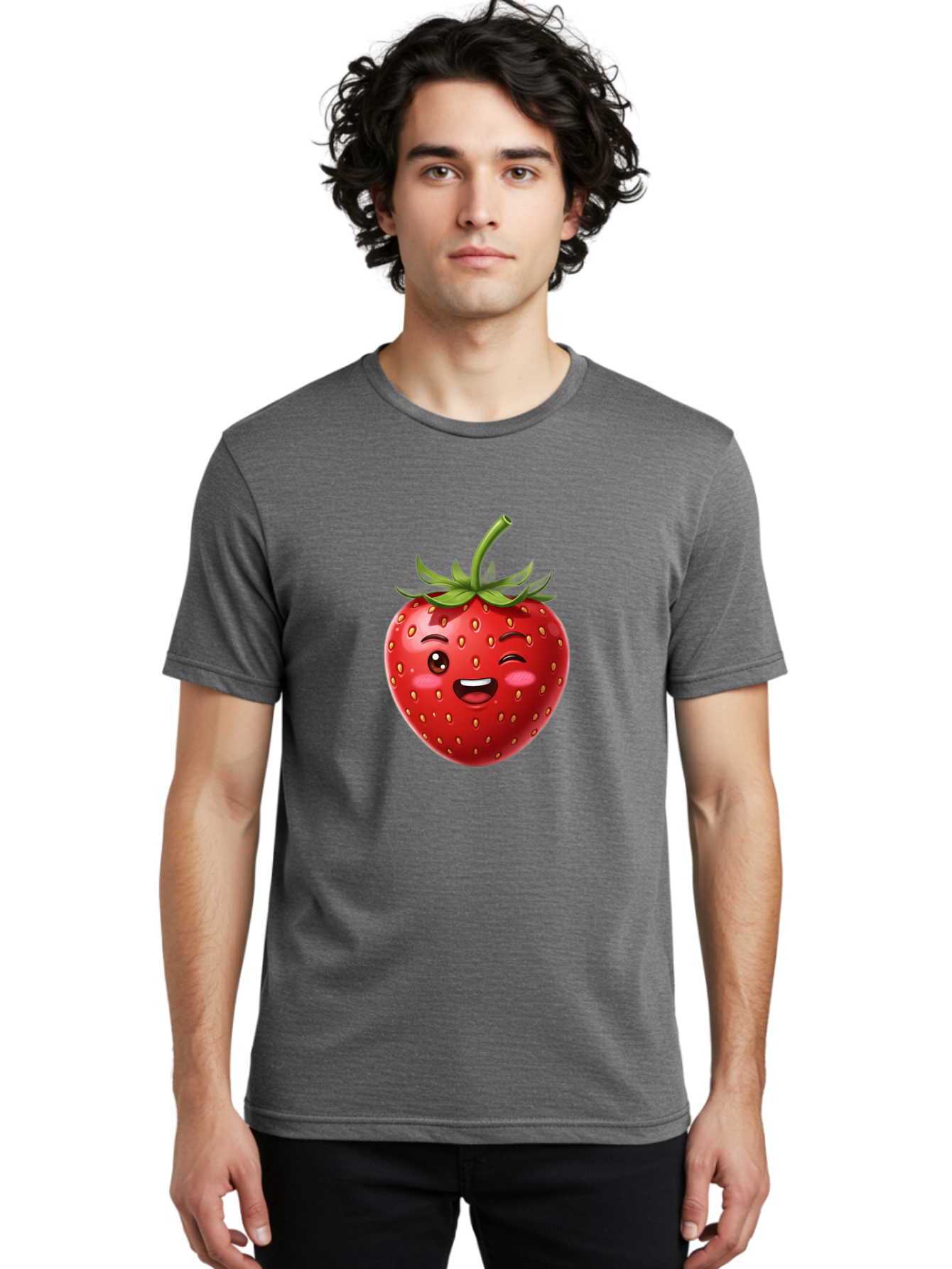 Strawberry-1 Men'S Graphic Tee, 100% Cotton, Comfortable Casual Summer Wear, Machine Washable, Winking Strawberry Emoji, Cartoon Strawberry, Funny Fruit, Red Strawberry, Smiling Face, Cute Character, Playful Emoji, Winking Face, Bac464