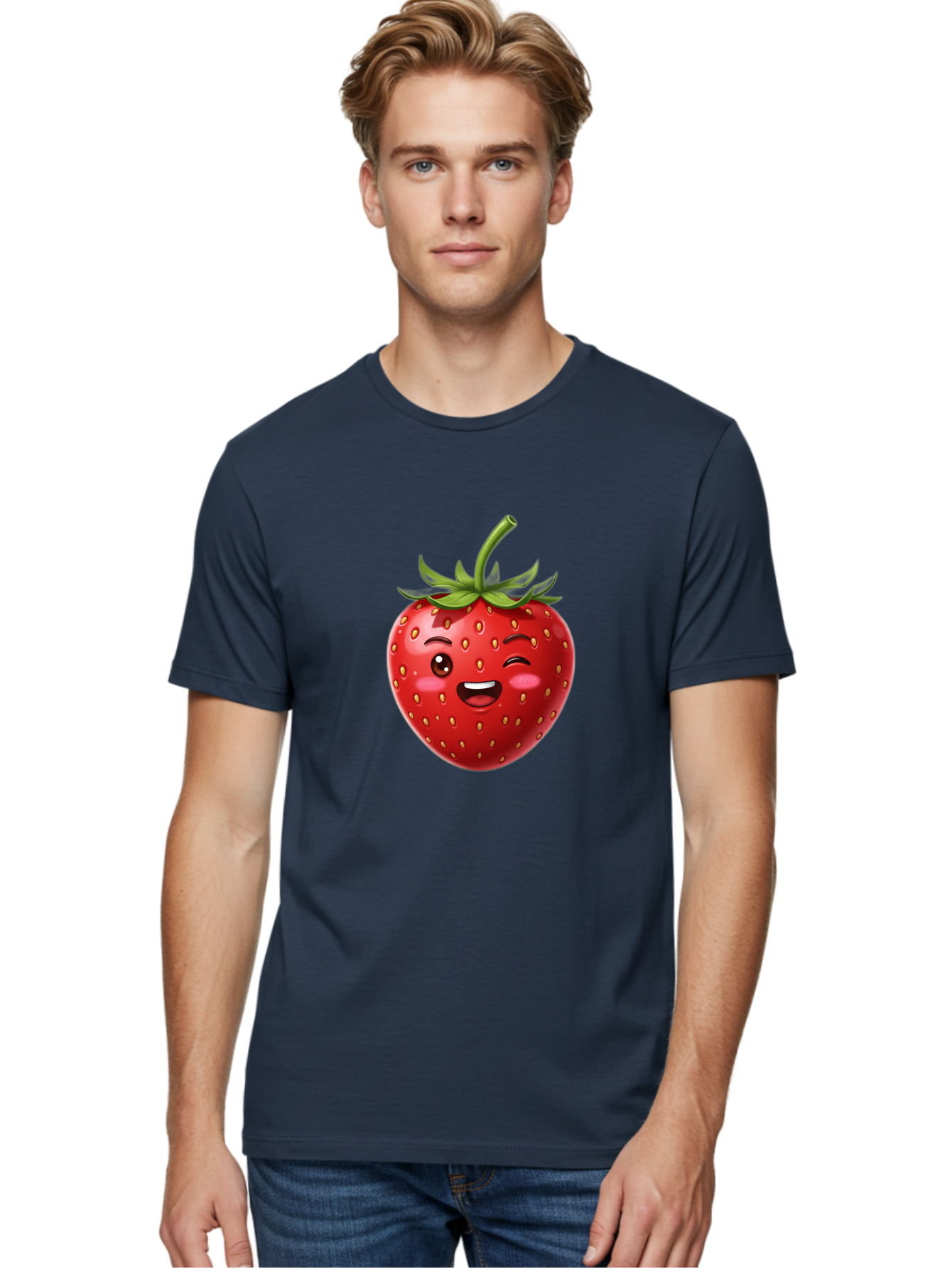 Strawberry-1 Men'S Graphic Tee, 100% Cotton, Comfortable Casual Summer Wear, Machine Washable, Winking Strawberry Emoji, Cartoon Strawberry, Funny Fruit, Red Strawberry, Smiling Face, Cute Character, Playful Emoji, Winking Face, Bac464