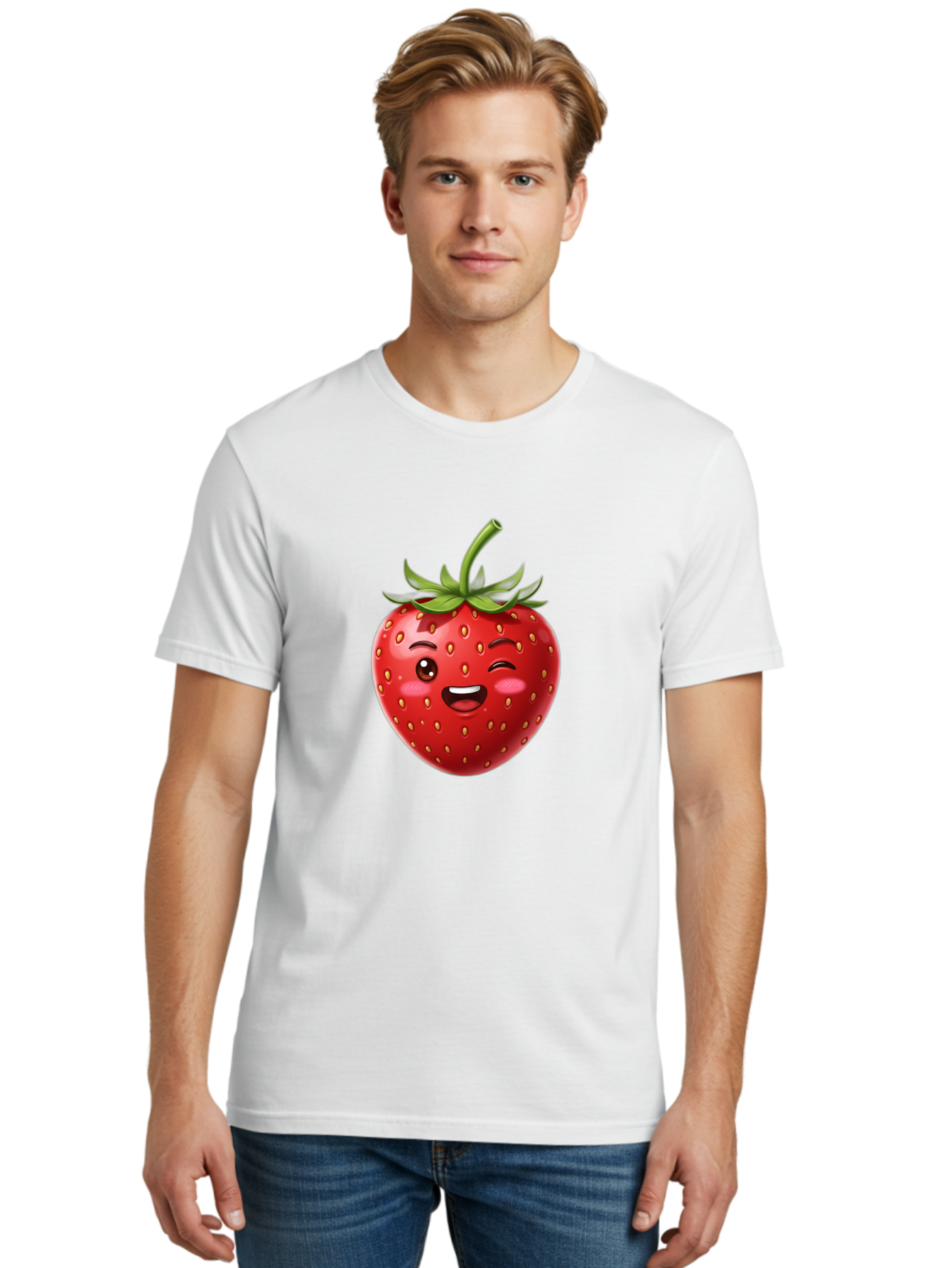 Strawberry-1 Men'S Graphic Tee, 100% Cotton, Comfortable Casual Summer Wear, Machine Washable, Winking Strawberry Emoji, Cartoon Strawberry, Funny Fruit, Red Strawberry, Smiling Face, Cute Character, Playful Emoji, Winking Face, Bac464