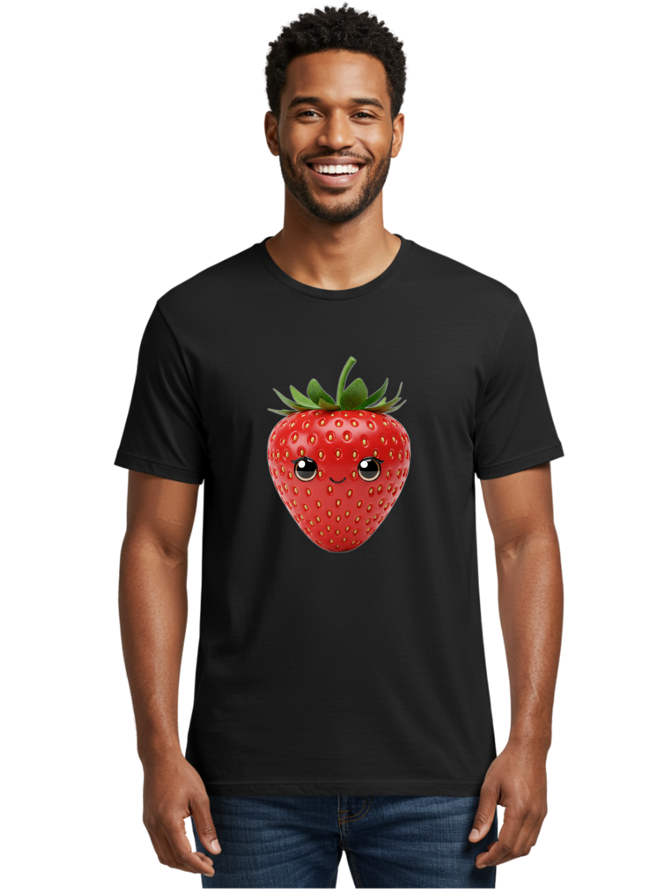 Strawberry-2 Men'S Graphic Tee, 100% Cotton, Comfortable Casual Summer Wear, Machine Washable, Cartoon Strawberry, Cute Fruit, Smiling Face, Adorable Character, Kawaii Design, Fruit Illustration, Red Strawberry, Funny Face, Cartoon Character, Bac465