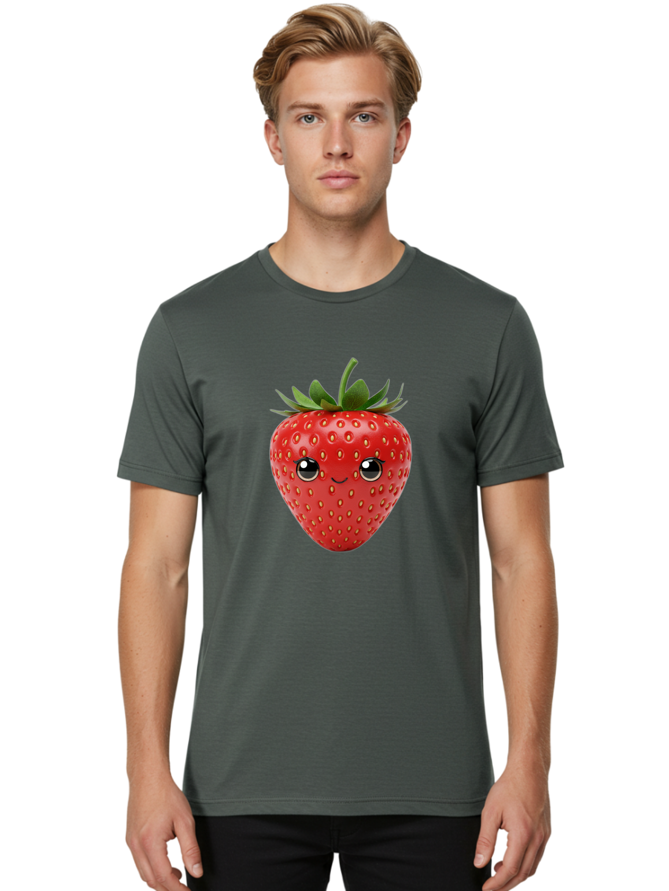 Strawberry-2 Men'S Graphic Tee, 100% Cotton, Comfortable Casual Summer Wear, Machine Washable, Cartoon Strawberry, Cute Fruit, Smiling Face, Adorable Character, Kawaii Design, Fruit Illustration, Red Strawberry, Funny Face, Cartoon Character, Bac465