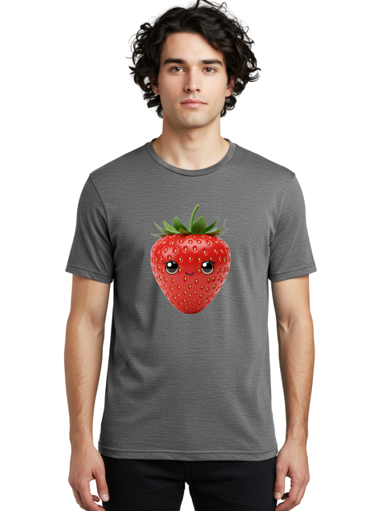 Strawberry-2 Men'S Graphic Tee, 100% Cotton, Comfortable Casual Summer Wear, Machine Washable, Cartoon Strawberry, Cute Fruit, Smiling Face, Adorable Character, Kawaii Design, Fruit Illustration, Red Strawberry, Funny Face, Cartoon Character, Bac465