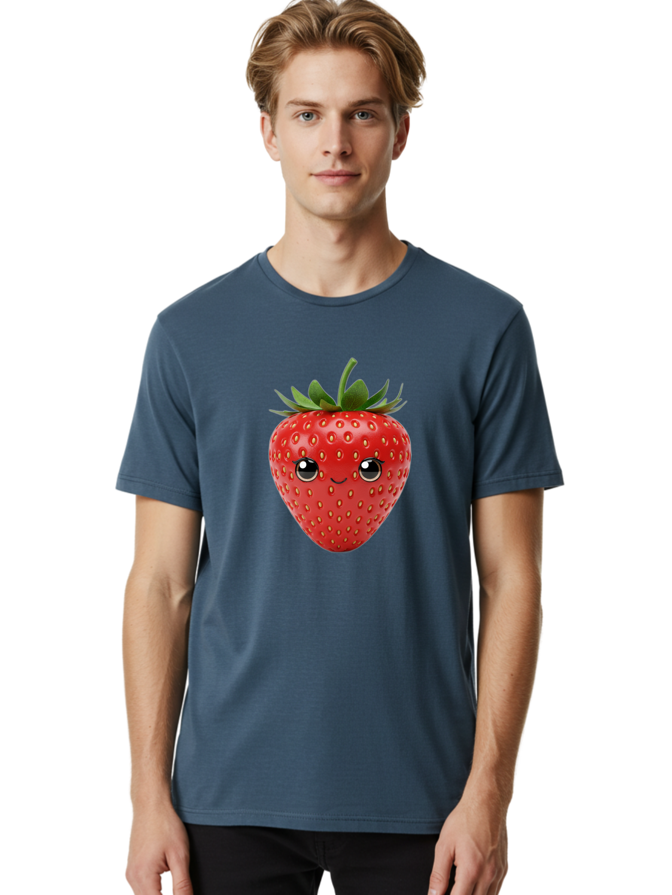 Strawberry-2 Men'S Graphic Tee, 100% Cotton, Comfortable Casual Summer Wear, Machine Washable, Cartoon Strawberry, Cute Fruit, Smiling Face, Adorable Character, Kawaii Design, Fruit Illustration, Red Strawberry, Funny Face, Cartoon Character, Bac465