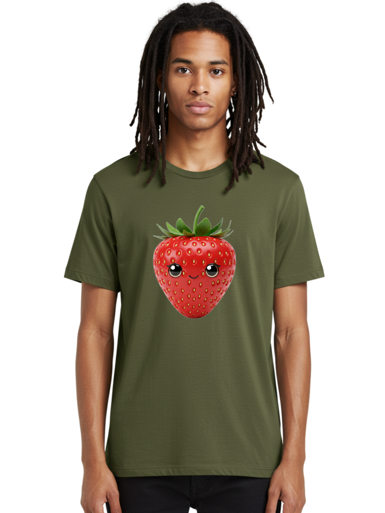 Strawberry-2 Men'S Graphic Tee, 100% Cotton, Comfortable Casual Summer Wear, Machine Washable, Cartoon Strawberry, Cute Fruit, Smiling Face, Adorable Character, Kawaii Design, Fruit Illustration, Red Strawberry, Funny Face, Cartoon Character, Bac465
