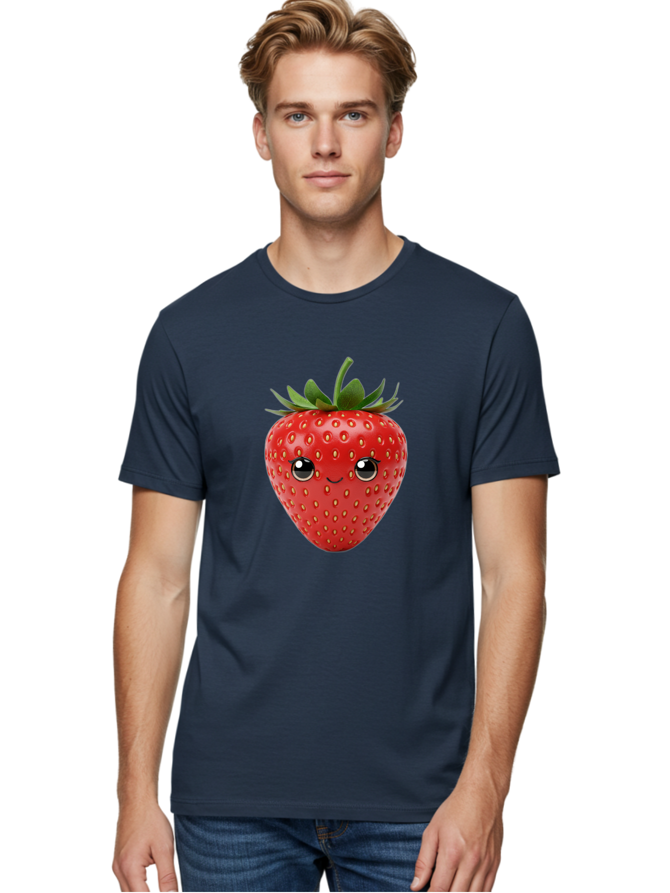 Strawberry-2 Men'S Graphic Tee, 100% Cotton, Comfortable Casual Summer Wear, Machine Washable, Cartoon Strawberry, Cute Fruit, Smiling Face, Adorable Character, Kawaii Design, Fruit Illustration, Red Strawberry, Funny Face, Cartoon Character, Bac465