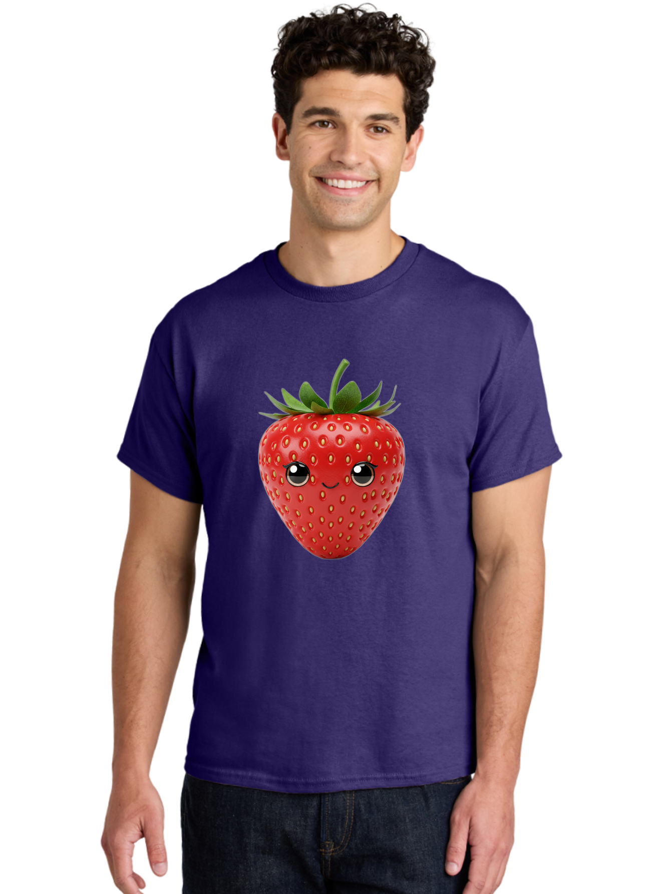 Strawberry-2 Men'S Graphic Tee, 100% Cotton, Comfortable Casual Summer Wear, Machine Washable, Cartoon Strawberry, Cute Fruit, Smiling Face, Adorable Character, Kawaii Design, Fruit Illustration, Red Strawberry, Funny Face, Cartoon Character, Bac465