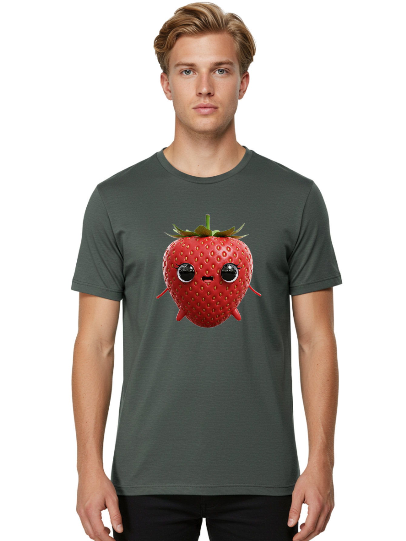 Strawberry-3 Men'S Graphic Tee, 100% Cotton, Comfortable Casual Summer Wear, Machine Washable, Cartoon Strawberry, Animated Fruit, Funny Character, Red Strawberry, Cute Face, Kawaii Art, Fruit Illustration, Playful Design, Digital Art, Bac466