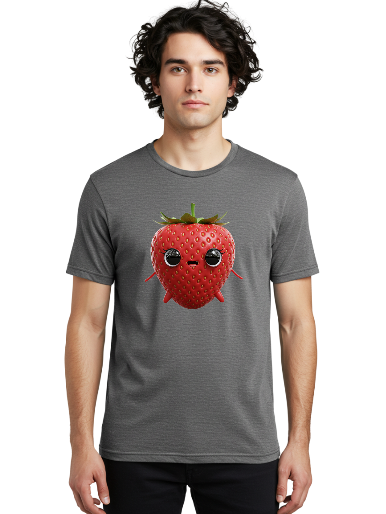 Strawberry-3 Men'S Graphic Tee, 100% Cotton, Comfortable Casual Summer Wear, Machine Washable, Cartoon Strawberry, Animated Fruit, Funny Character, Red Strawberry, Cute Face, Kawaii Art, Fruit Illustration, Playful Design, Digital Art, Bac466