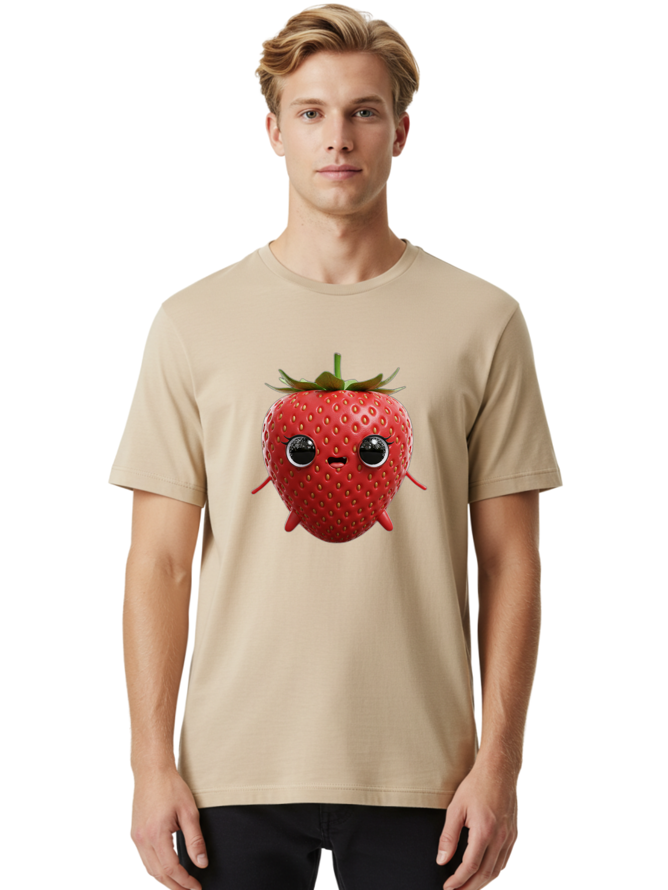 Strawberry-3 Men'S Graphic Tee, 100% Cotton, Comfortable Casual Summer Wear, Machine Washable, Cartoon Strawberry, Animated Fruit, Funny Character, Red Strawberry, Cute Face, Kawaii Art, Fruit Illustration, Playful Design, Digital Art, Bac466