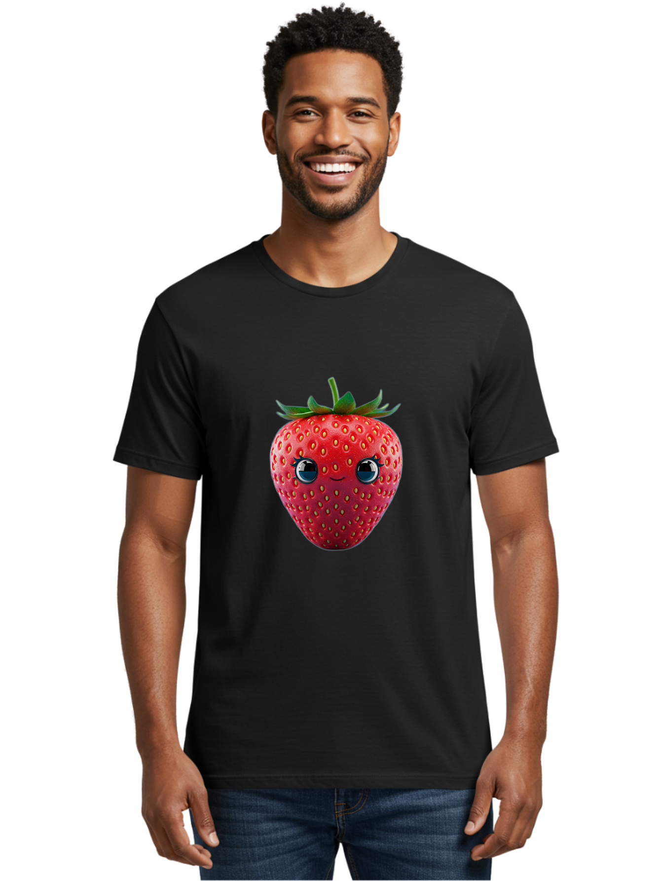 Strawberry-4 Men'S Graphic Tee, 100% Cotton, Comfortable Casual Summer Wear, Machine Washable, Cartoon Strawberry, Strawberry With Face, Smiling Fruit, Red Strawberry, Cute Character, Kawaii, Happy Strawberry, 3D Illustration, Adorable Design Bac467