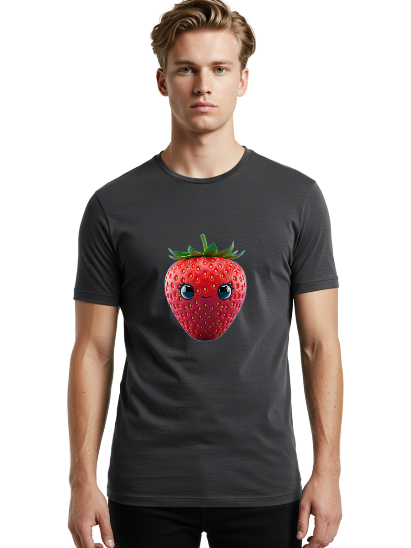 Strawberry-4 Men'S Graphic Tee, 100% Cotton, Comfortable Casual Summer Wear, Machine Washable, Cartoon Strawberry, Strawberry With Face, Smiling Fruit, Red Strawberry, Cute Character, Kawaii, Happy Strawberry, 3D Illustration, Adorable Design Bac467