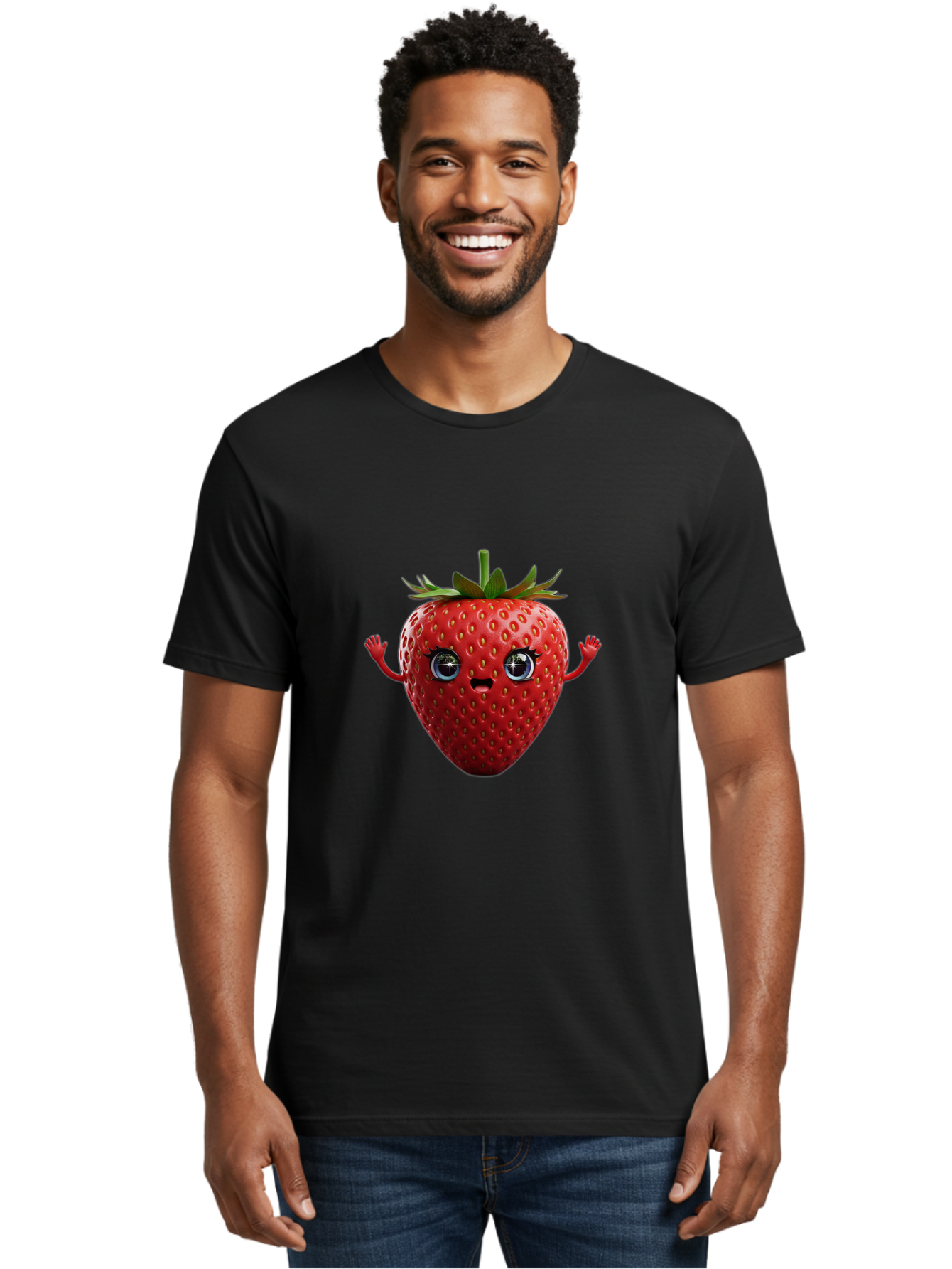 Strawberry-5 Men'S Graphic Tee, 100% Cotton, Comfortable Casual Summer Wear, Machine Washable, Cartoon Strawberry, Fruit Character, Smiling Face, Cute Illustration, Vibrant Red, Playful Vibe, Funny Character, Food Mascot, Bac468