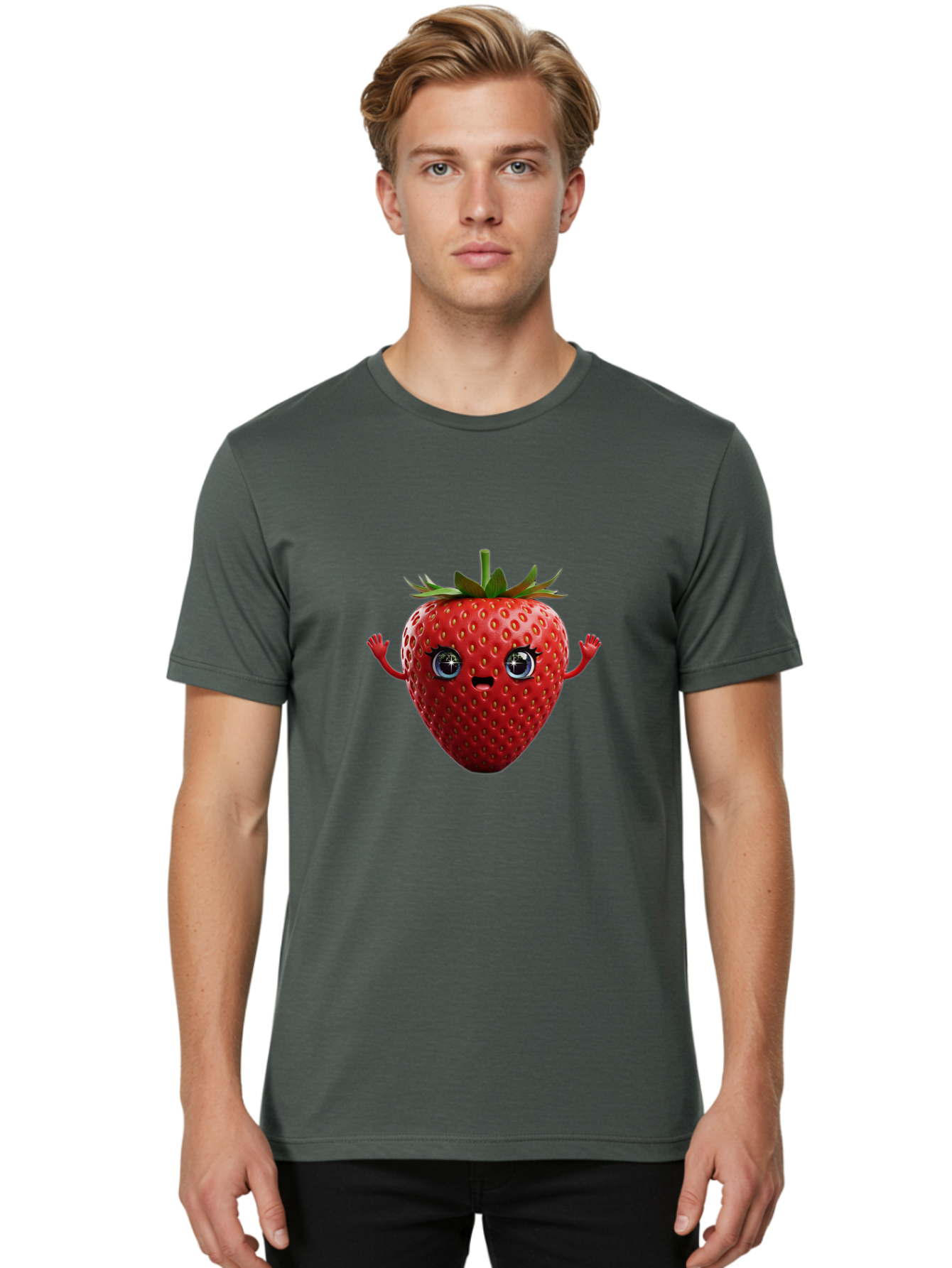 Strawberry-5 Men'S Graphic Tee, 100% Cotton, Comfortable Casual Summer Wear, Machine Washable, Cartoon Strawberry, Fruit Character, Smiling Face, Cute Illustration, Vibrant Red, Playful Vibe, Funny Character, Food Mascot, Bac468