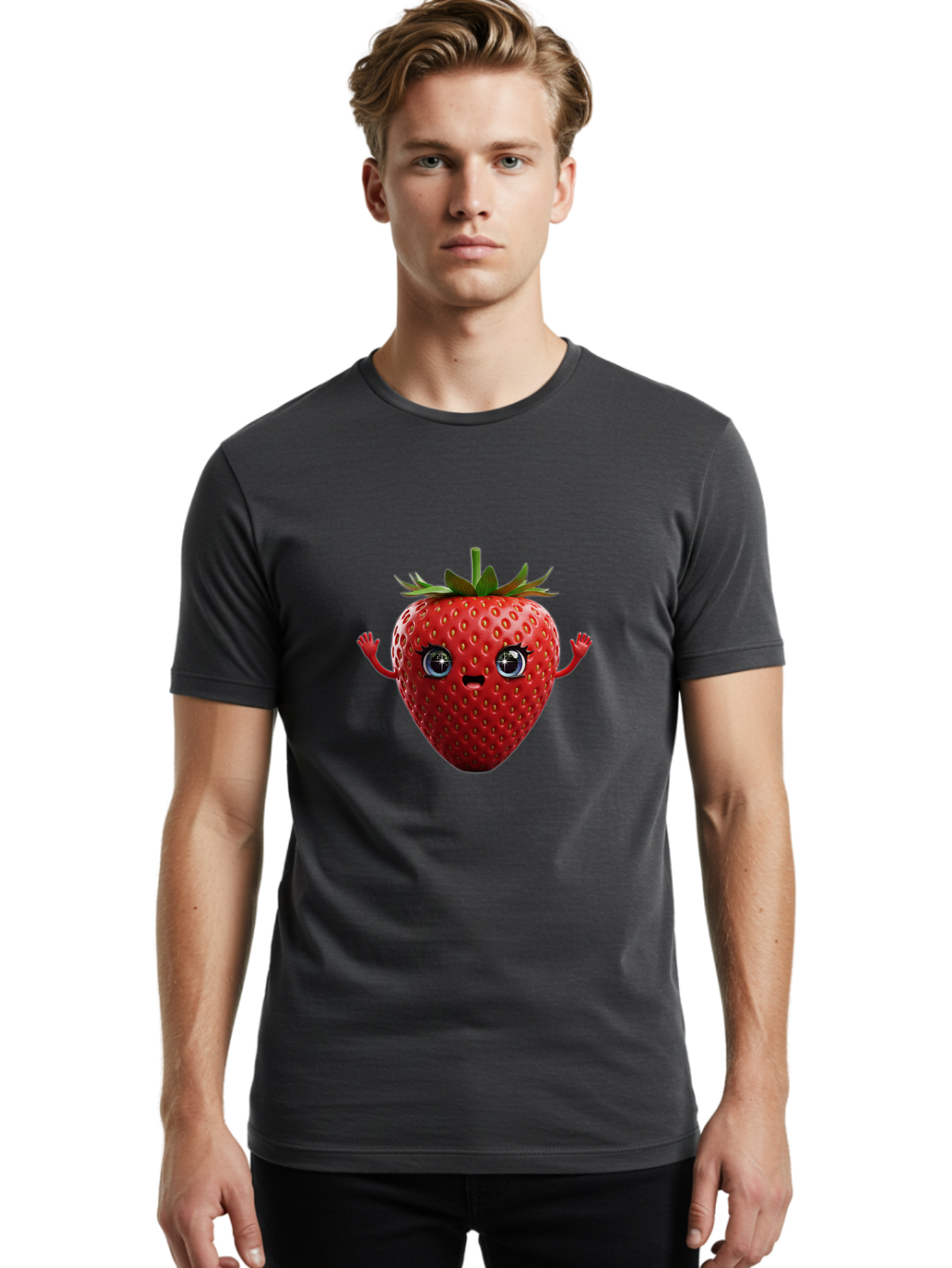 Strawberry-5 Men'S Graphic Tee, 100% Cotton, Comfortable Casual Summer Wear, Machine Washable, Cartoon Strawberry, Fruit Character, Smiling Face, Cute Illustration, Vibrant Red, Playful Vibe, Funny Character, Food Mascot, Bac468
