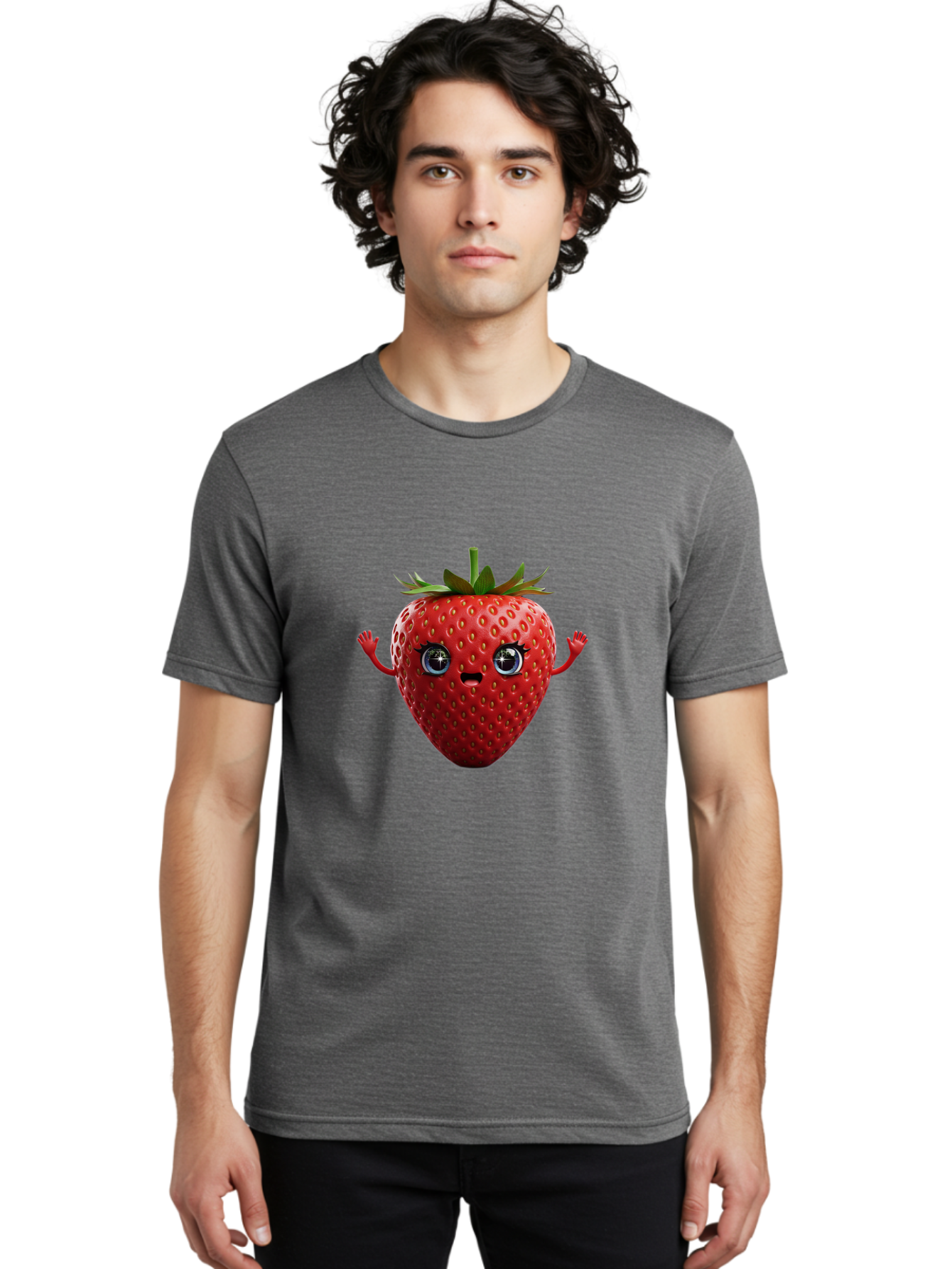 Strawberry-5 Men'S Graphic Tee, 100% Cotton, Comfortable Casual Summer Wear, Machine Washable, Cartoon Strawberry, Fruit Character, Smiling Face, Cute Illustration, Vibrant Red, Playful Vibe, Funny Character, Food Mascot, Bac468