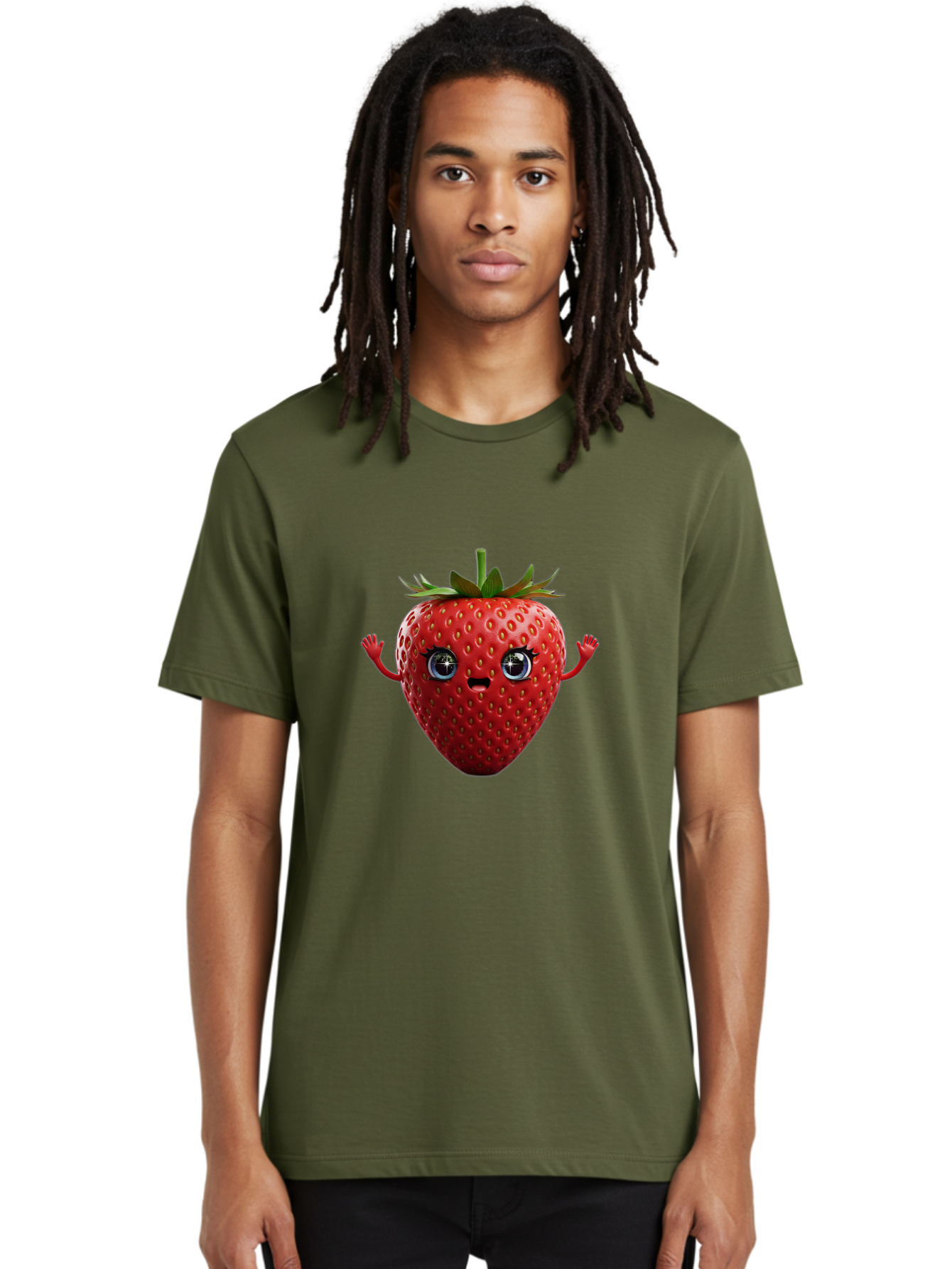 Strawberry-5 Men'S Graphic Tee, 100% Cotton, Comfortable Casual Summer Wear, Machine Washable, Cartoon Strawberry, Fruit Character, Smiling Face, Cute Illustration, Vibrant Red, Playful Vibe, Funny Character, Food Mascot, Bac468