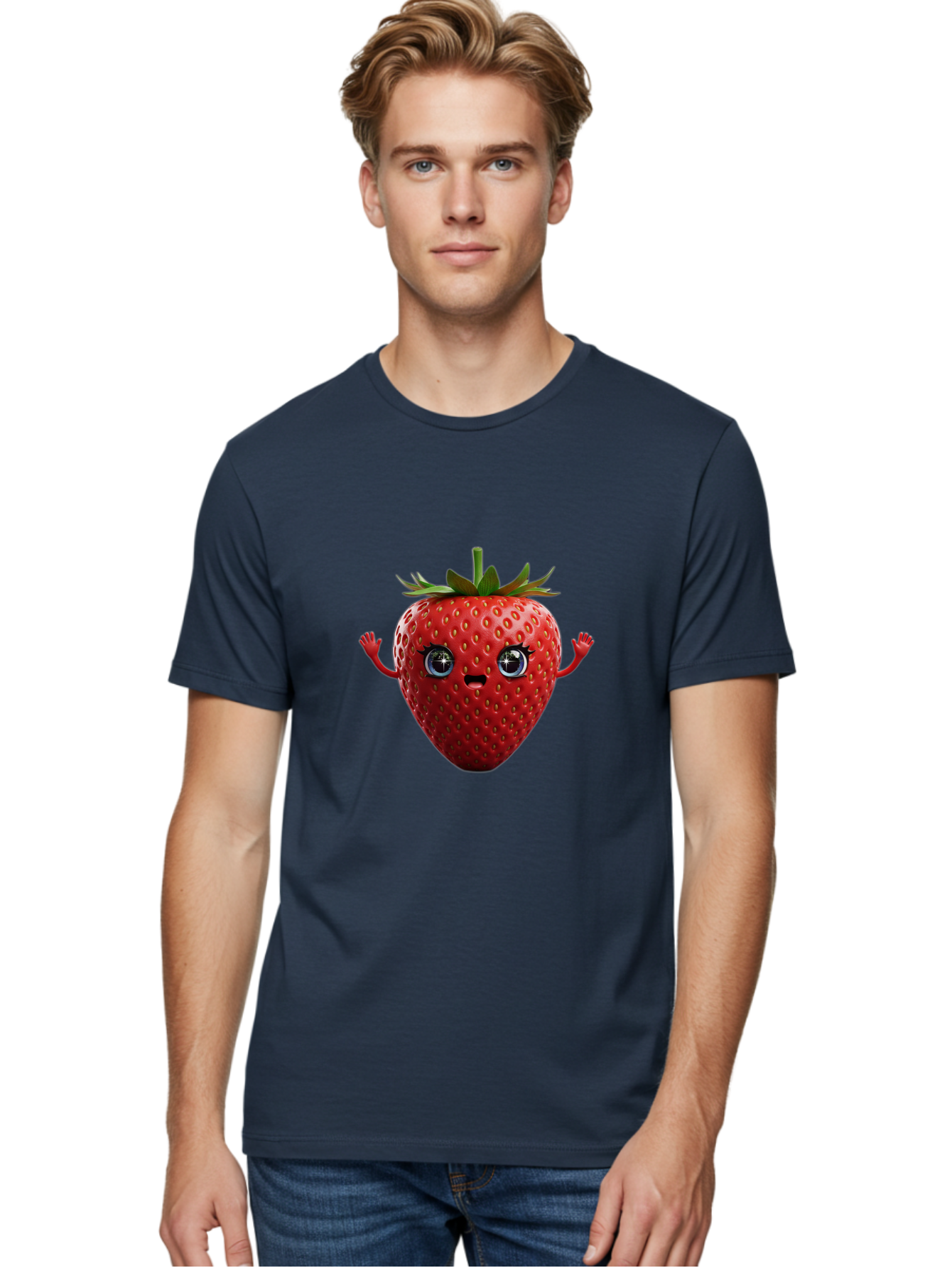 Strawberry-5 Men'S Graphic Tee, 100% Cotton, Comfortable Casual Summer Wear, Machine Washable, Cartoon Strawberry, Fruit Character, Smiling Face, Cute Illustration, Vibrant Red, Playful Vibe, Funny Character, Food Mascot, Bac468