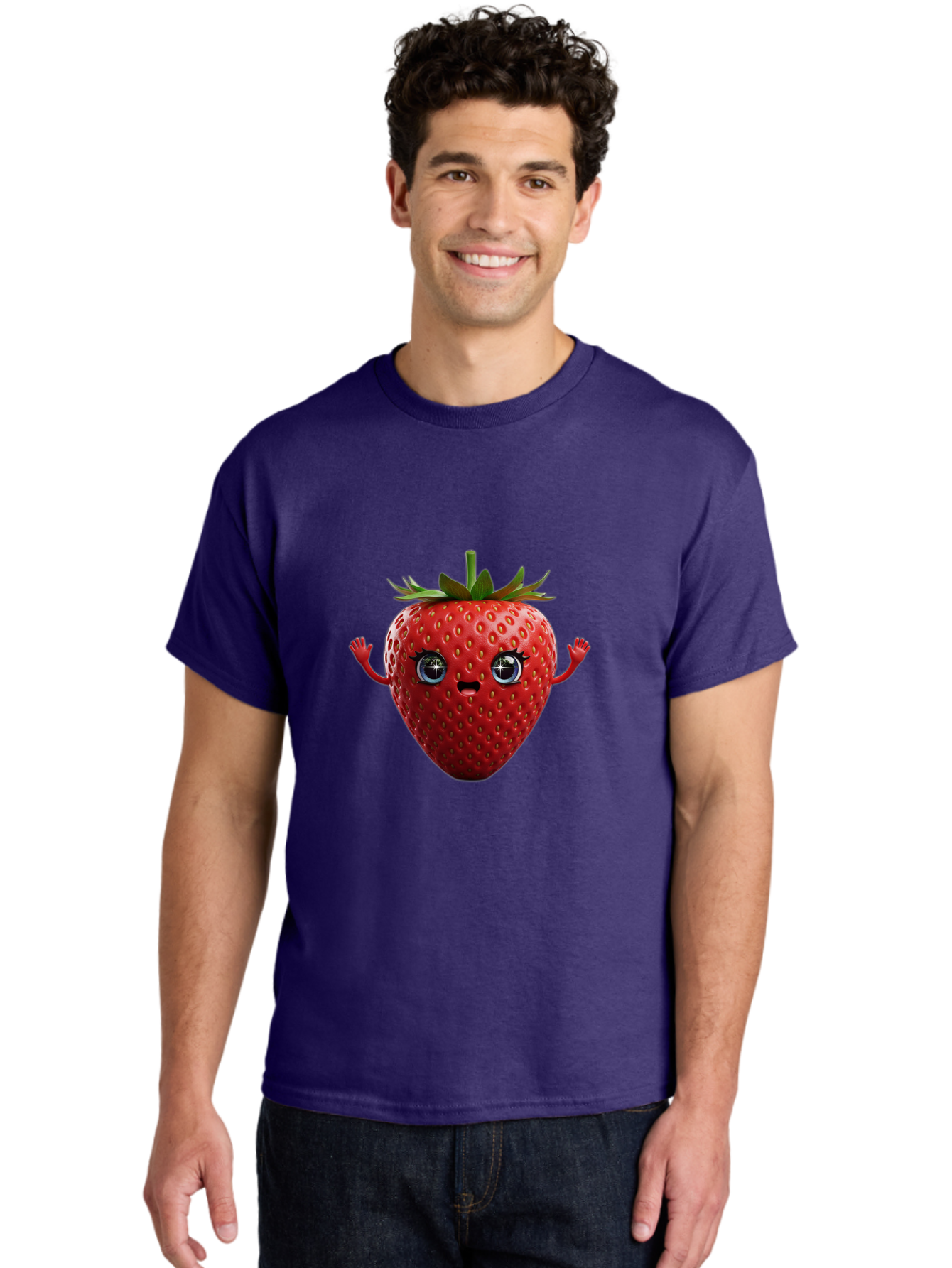 Strawberry-5 Men'S Graphic Tee, 100% Cotton, Comfortable Casual Summer Wear, Machine Washable, Cartoon Strawberry, Fruit Character, Smiling Face, Cute Illustration, Vibrant Red, Playful Vibe, Funny Character, Food Mascot, Bac468