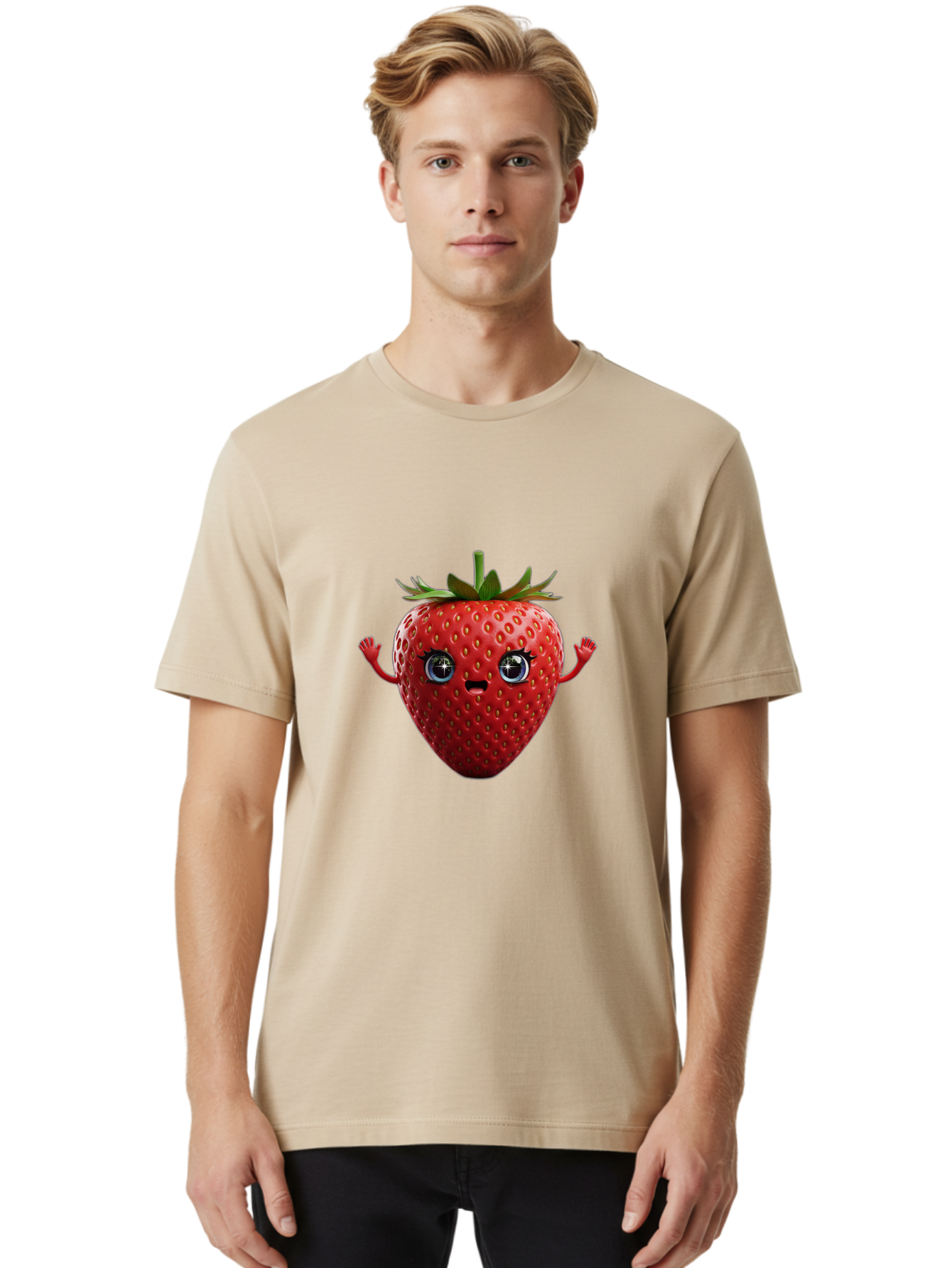 Strawberry-5 Men'S Graphic Tee, 100% Cotton, Comfortable Casual Summer Wear, Machine Washable, Cartoon Strawberry, Fruit Character, Smiling Face, Cute Illustration, Vibrant Red, Playful Vibe, Funny Character, Food Mascot, Bac468
