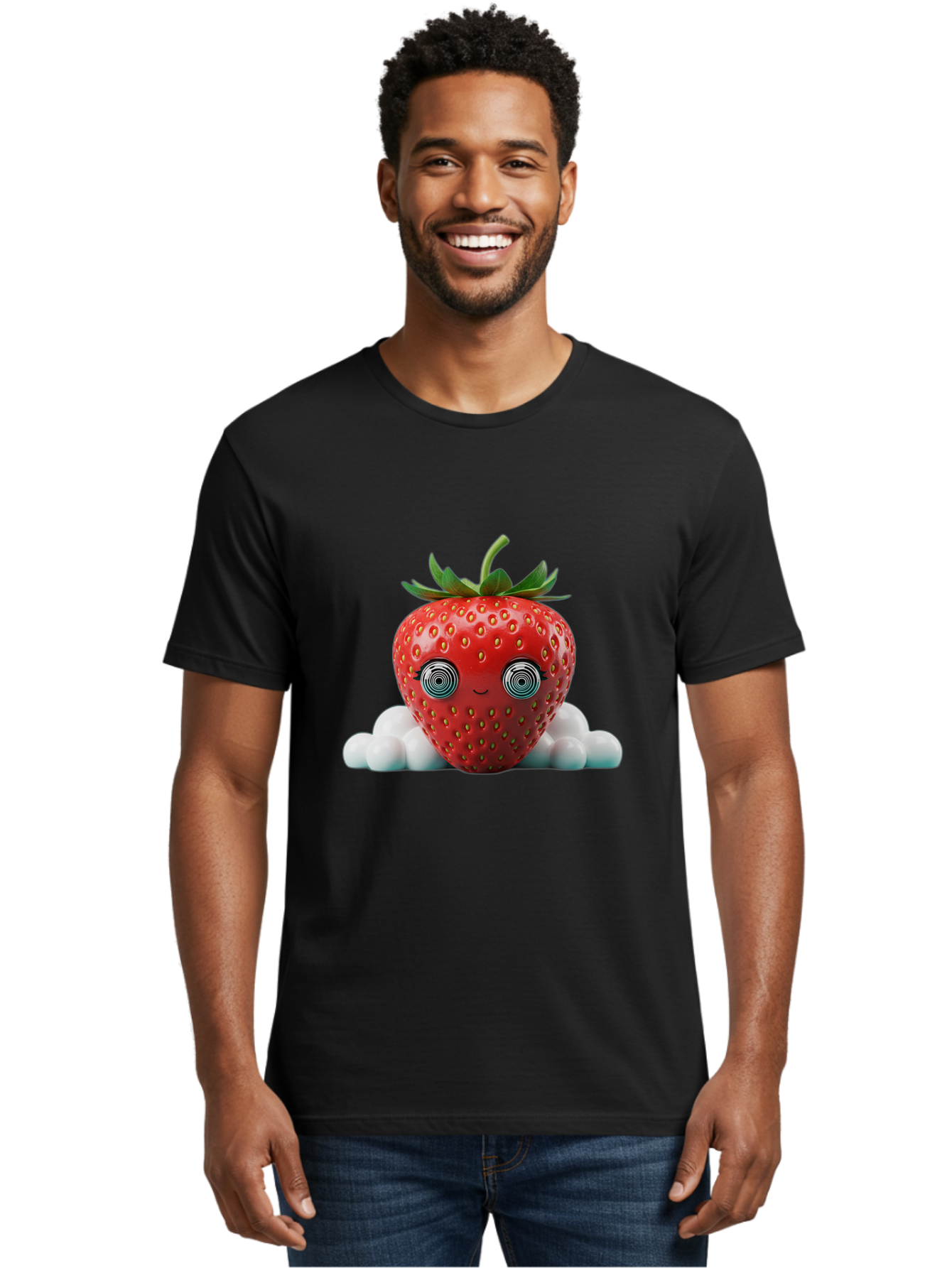 Strawberry-6 Men'S Graphic Tee, 100% Cotton, Comfortable Casual Summer Wear, Machine Washable, Cartoon Strawberry, Spiral Eyes, Cute Character, Sweet Fruit, Playful Design, Quirky Illustration, Fun And Vibrant, Summer Treat, Healthy Snack, Bac469