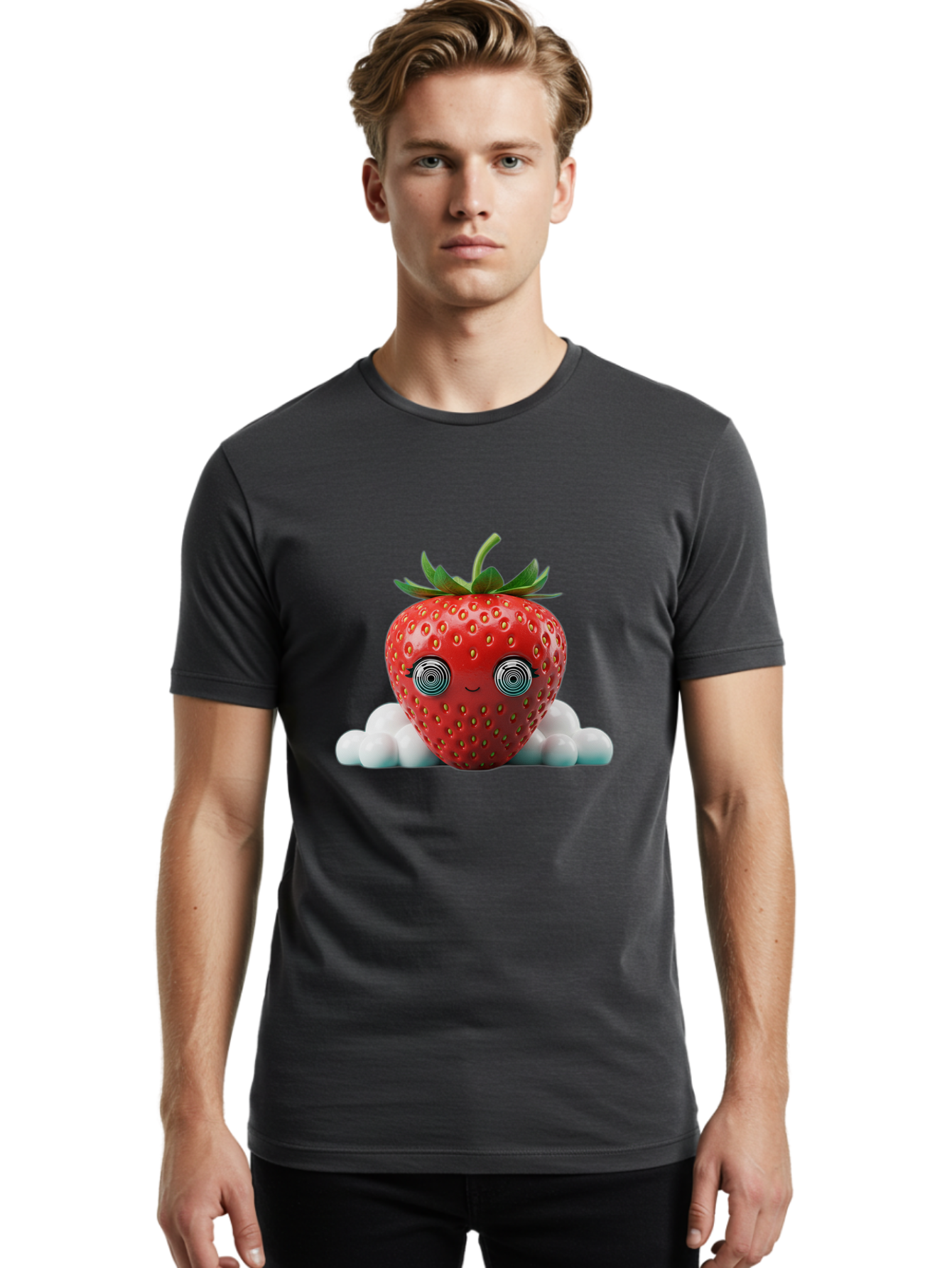 Strawberry-6 Men'S Graphic Tee, 100% Cotton, Comfortable Casual Summer Wear, Machine Washable, Cartoon Strawberry, Spiral Eyes, Cute Character, Sweet Fruit, Playful Design, Quirky Illustration, Fun And Vibrant, Summer Treat, Healthy Snack, Bac469