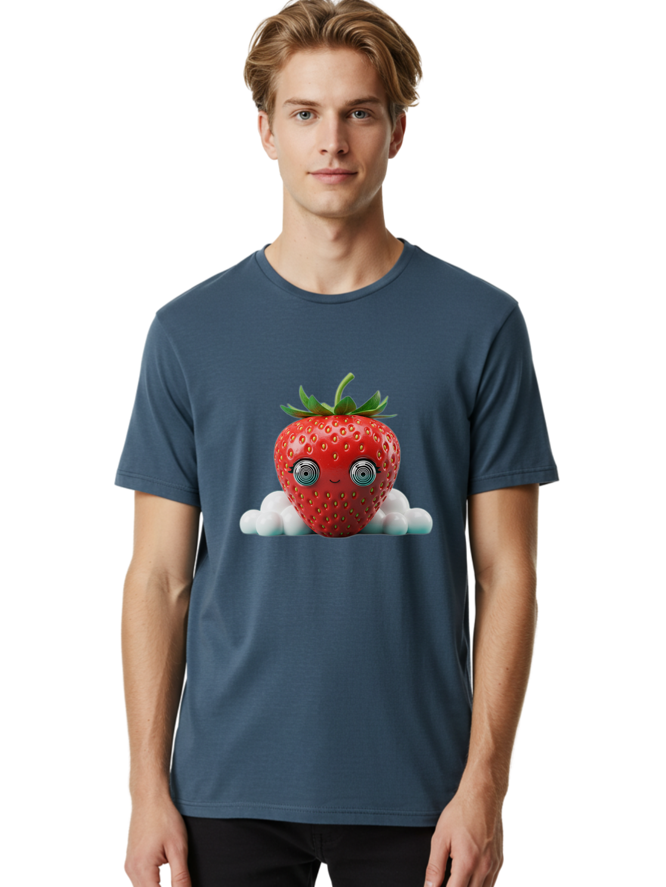 Strawberry-6 Men'S Graphic Tee, 100% Cotton, Comfortable Casual Summer Wear, Machine Washable, Cartoon Strawberry, Spiral Eyes, Cute Character, Sweet Fruit, Playful Design, Quirky Illustration, Fun And Vibrant, Summer Treat, Healthy Snack, Bac469