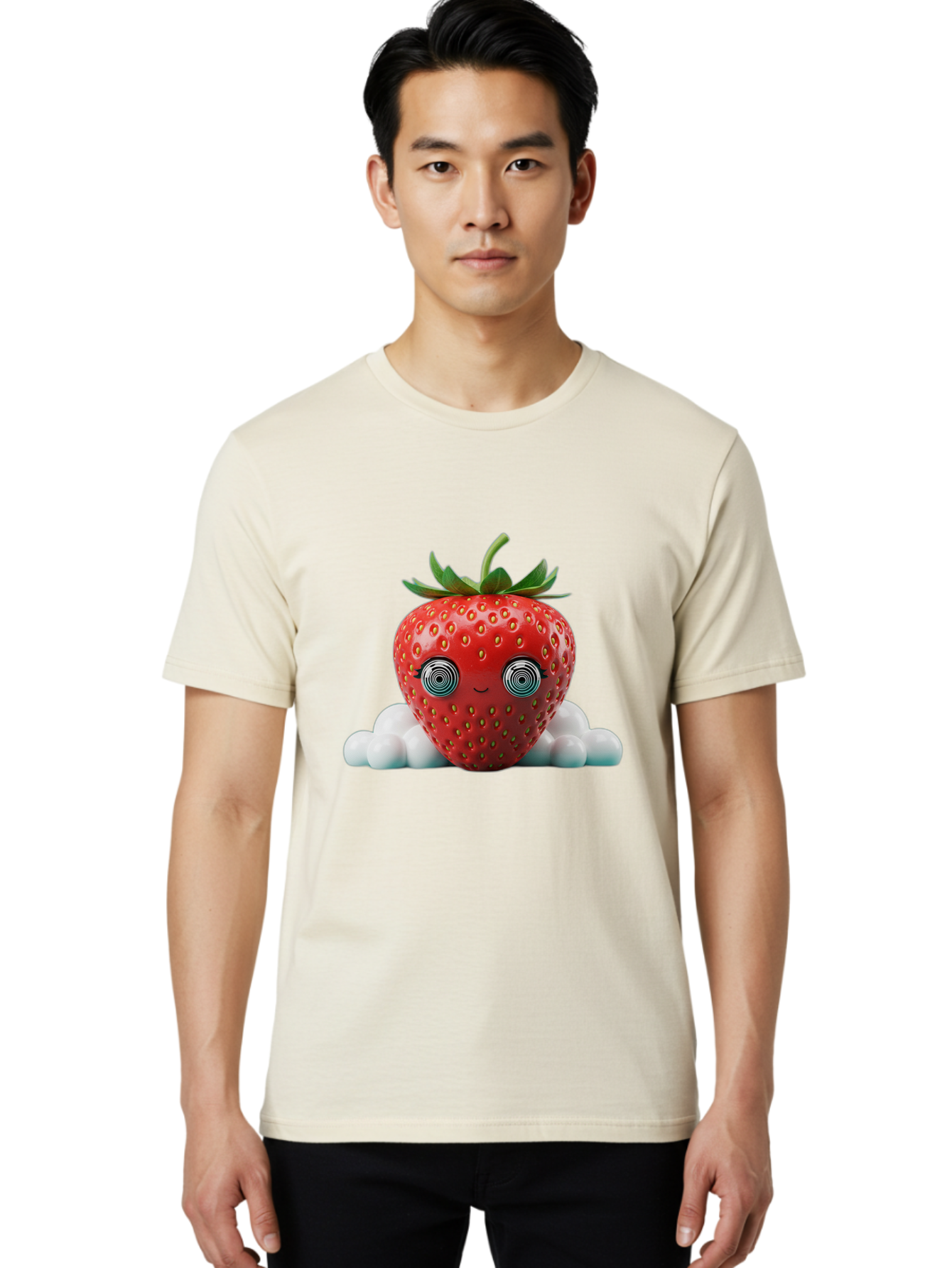 Strawberry-6 Men'S Graphic Tee, 100% Cotton, Comfortable Casual Summer Wear, Machine Washable, Cartoon Strawberry, Spiral Eyes, Cute Character, Sweet Fruit, Playful Design, Quirky Illustration, Fun And Vibrant, Summer Treat, Healthy Snack, Bac469