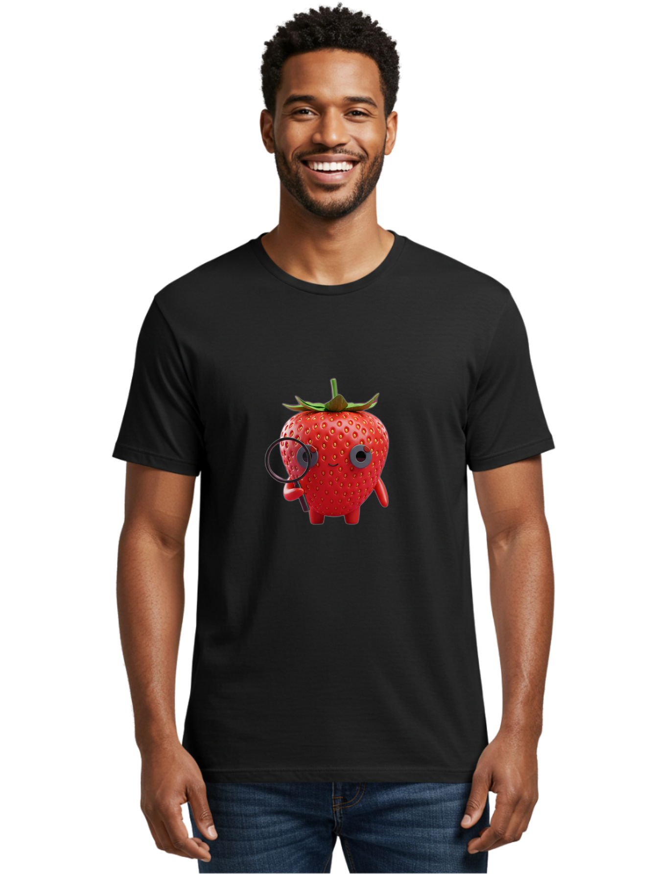 Strawberry-7 Men'S Graphic Tee, 100% Cotton, Comfortable Casual Summer Wear, Machine Washable, Cartoon Strawberry, Strawberry Character, Magnifying Glass, Investigation, Cute Illustration, Funny Fruit, Quirky Design, Red Strawberry, Bac470