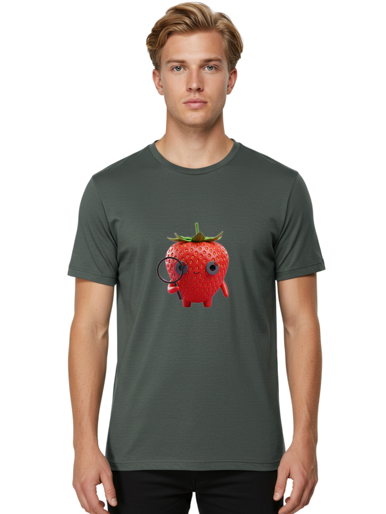 Strawberry-7 Men'S Graphic Tee, 100% Cotton, Comfortable Casual Summer Wear, Machine Washable, Cartoon Strawberry, Strawberry Character, Magnifying Glass, Investigation, Cute Illustration, Funny Fruit, Quirky Design, Red Strawberry, Bac470