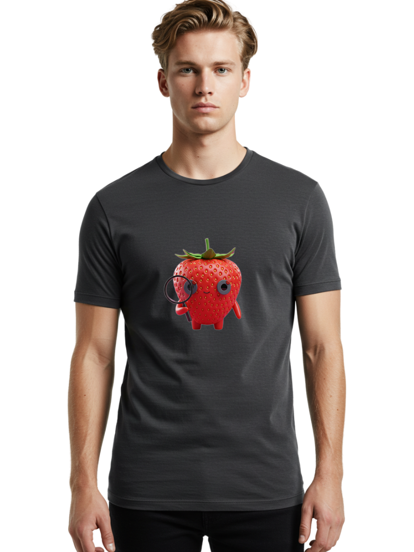 Strawberry-7 Men'S Graphic Tee, 100% Cotton, Comfortable Casual Summer Wear, Machine Washable, Cartoon Strawberry, Strawberry Character, Magnifying Glass, Investigation, Cute Illustration, Funny Fruit, Quirky Design, Red Strawberry, Bac470