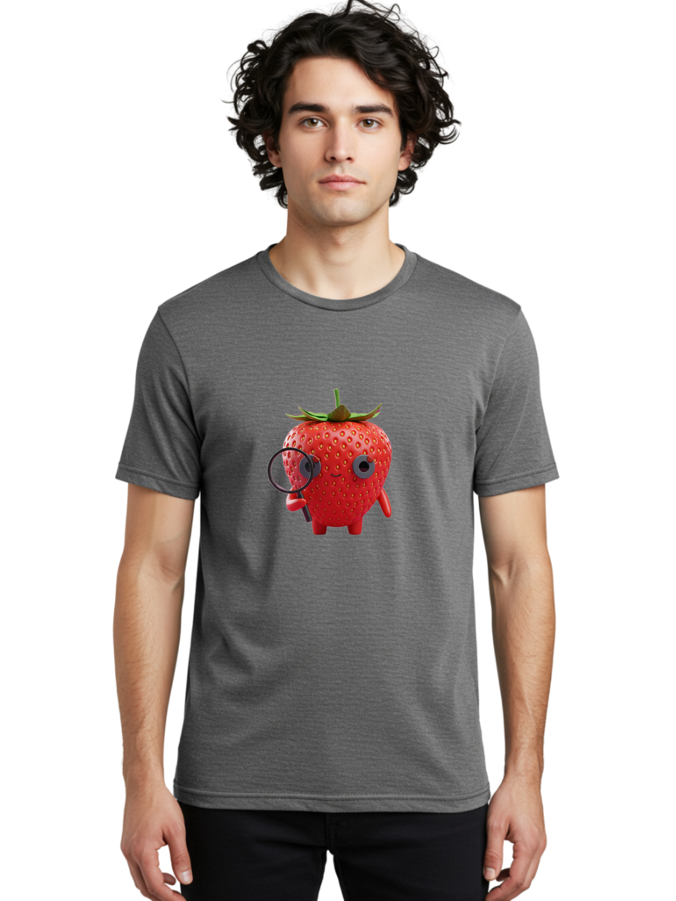 Strawberry-7 Men'S Graphic Tee, 100% Cotton, Comfortable Casual Summer Wear, Machine Washable, Cartoon Strawberry, Strawberry Character, Magnifying Glass, Investigation, Cute Illustration, Funny Fruit, Quirky Design, Red Strawberry, Bac470