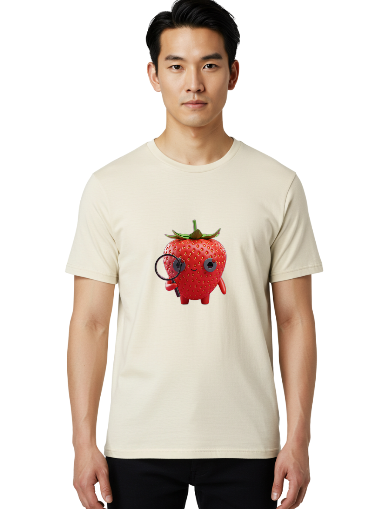 Strawberry-7 Men'S Graphic Tee, 100% Cotton, Comfortable Casual Summer Wear, Machine Washable, Cartoon Strawberry, Strawberry Character, Magnifying Glass, Investigation, Cute Illustration, Funny Fruit, Quirky Design, Red Strawberry, Bac470