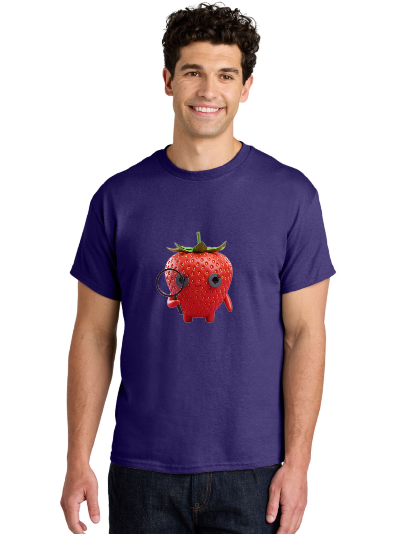 Strawberry-7 Men'S Graphic Tee, 100% Cotton, Comfortable Casual Summer Wear, Machine Washable, Cartoon Strawberry, Strawberry Character, Magnifying Glass, Investigation, Cute Illustration, Funny Fruit, Quirky Design, Red Strawberry, Bac470