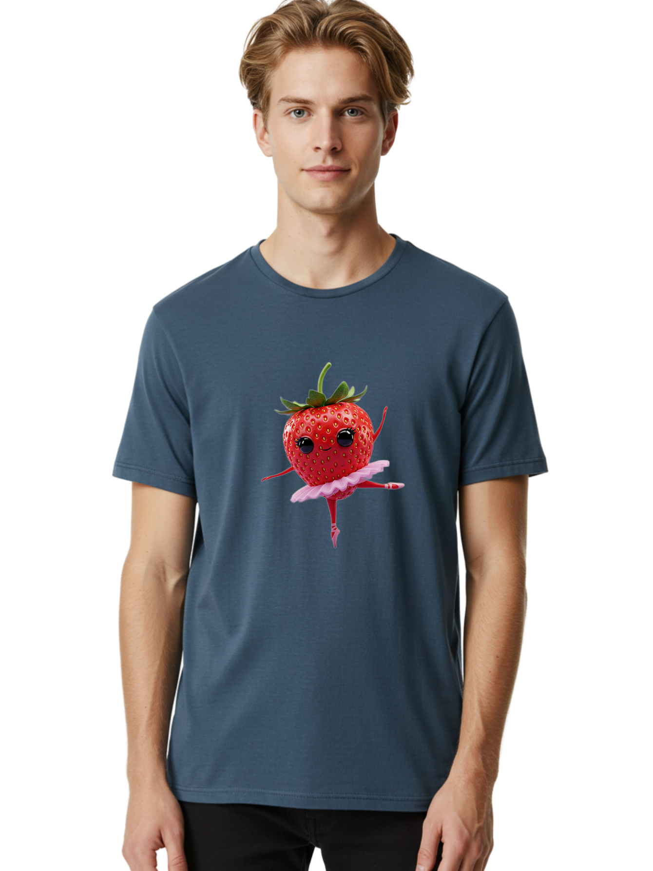 Strawberry-Ballerina Men'S Graphic Tee, 100% Cotton, Comfortable Casual Summer Wear, Machine Washable, Smiling Strawberry, Ballerina Strawberry, Dancing Fruit, Pink Tutu, Cartoon Character, Cute Illustration, Playful Design, Whimsical Art Bac471