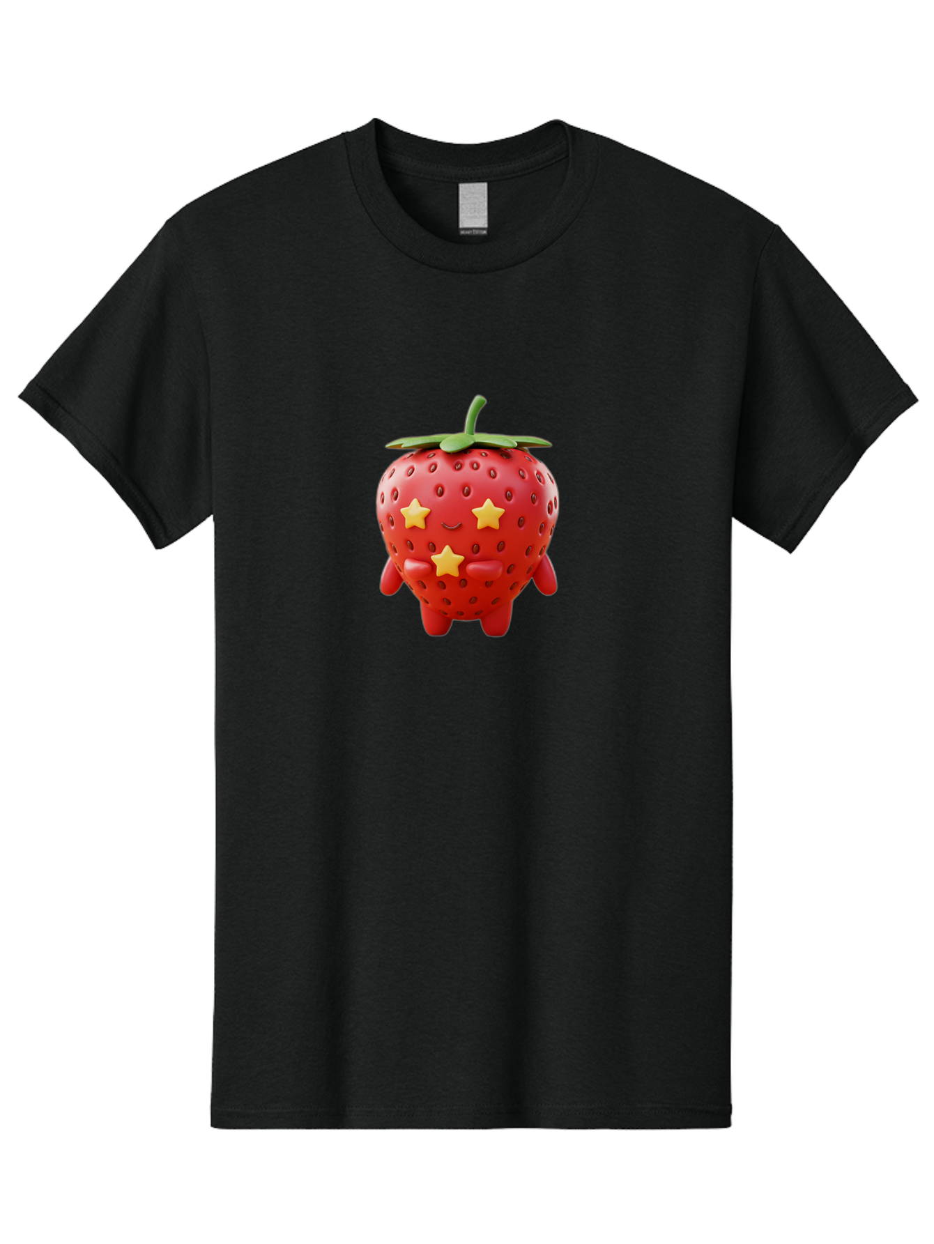 Strawberry-Character-1 Men'S Graphic Tee, 100% Cotton, Comfortable Casual Summer Wear, Machine Washable, Cartoon Strawberry, Cute Character, Smiling Face, Three Yellow Stars, Red Fruit, Green Leaf, Adorable Mascot, Fun Design, Bac472