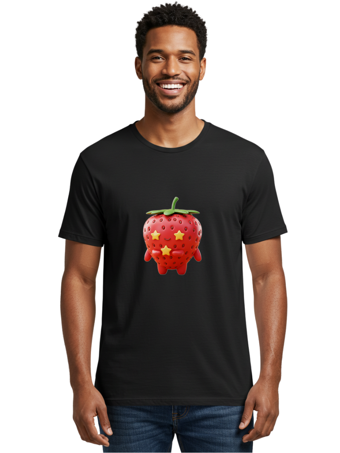 Strawberry-Character-1 Men'S Graphic Tee, 100% Cotton, Comfortable Casual Summer Wear, Machine Washable, Cartoon Strawberry, Cute Character, Smiling Face, Three Yellow Stars, Red Fruit, Green Leaf, Adorable Mascot, Fun Design, Bac472