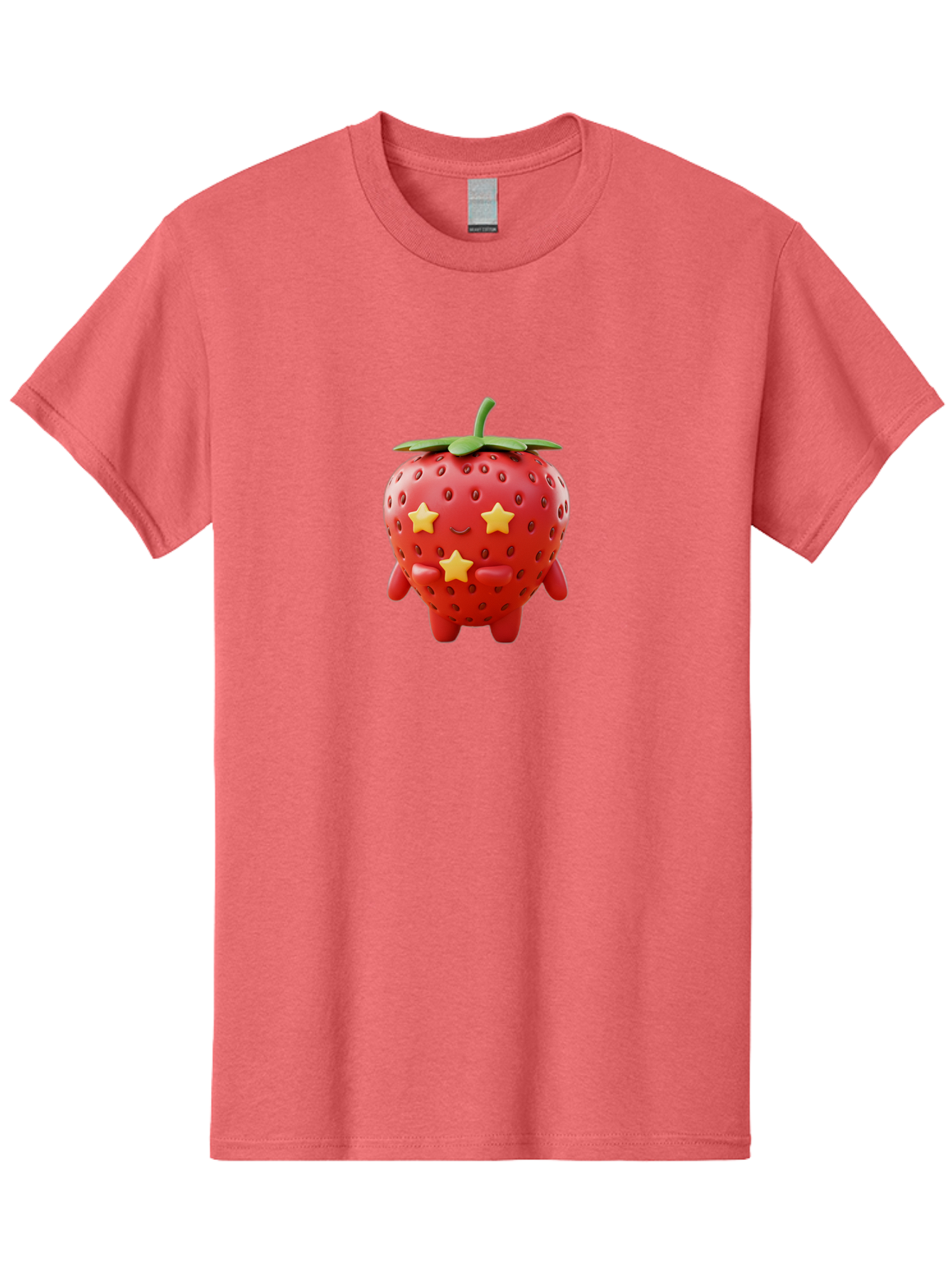 Strawberry-Character-1 Men'S Graphic Tee, 100% Cotton, Comfortable Casual Summer Wear, Machine Washable, Cartoon Strawberry, Cute Character, Smiling Face, Three Yellow Stars, Red Fruit, Green Leaf, Adorable Mascot, Fun Design, Bac472
