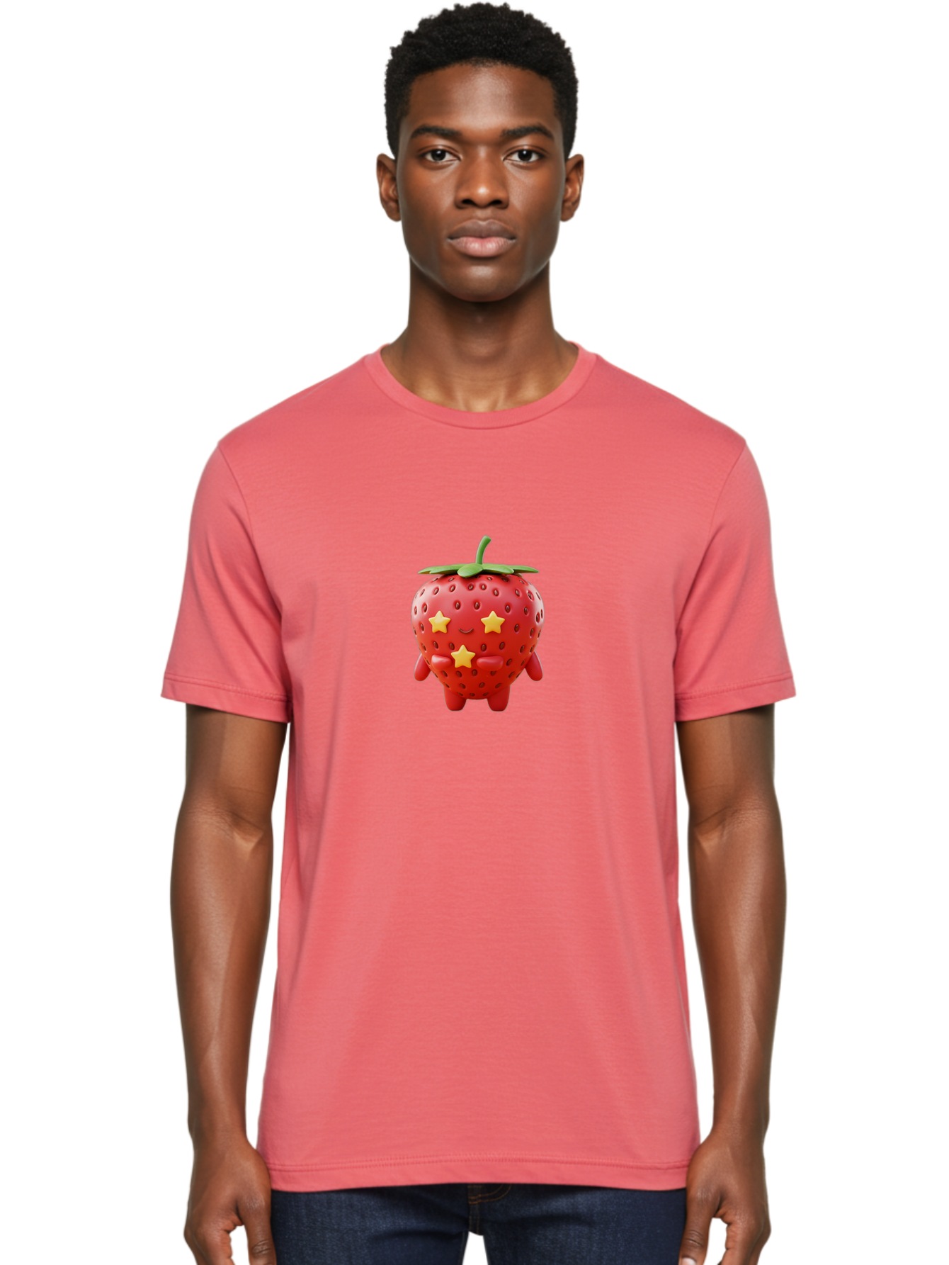 Strawberry-Character-1 Men'S Graphic Tee, 100% Cotton, Comfortable Casual Summer Wear, Machine Washable, Cartoon Strawberry, Cute Character, Smiling Face, Three Yellow Stars, Red Fruit, Green Leaf, Adorable Mascot, Fun Design, Bac472