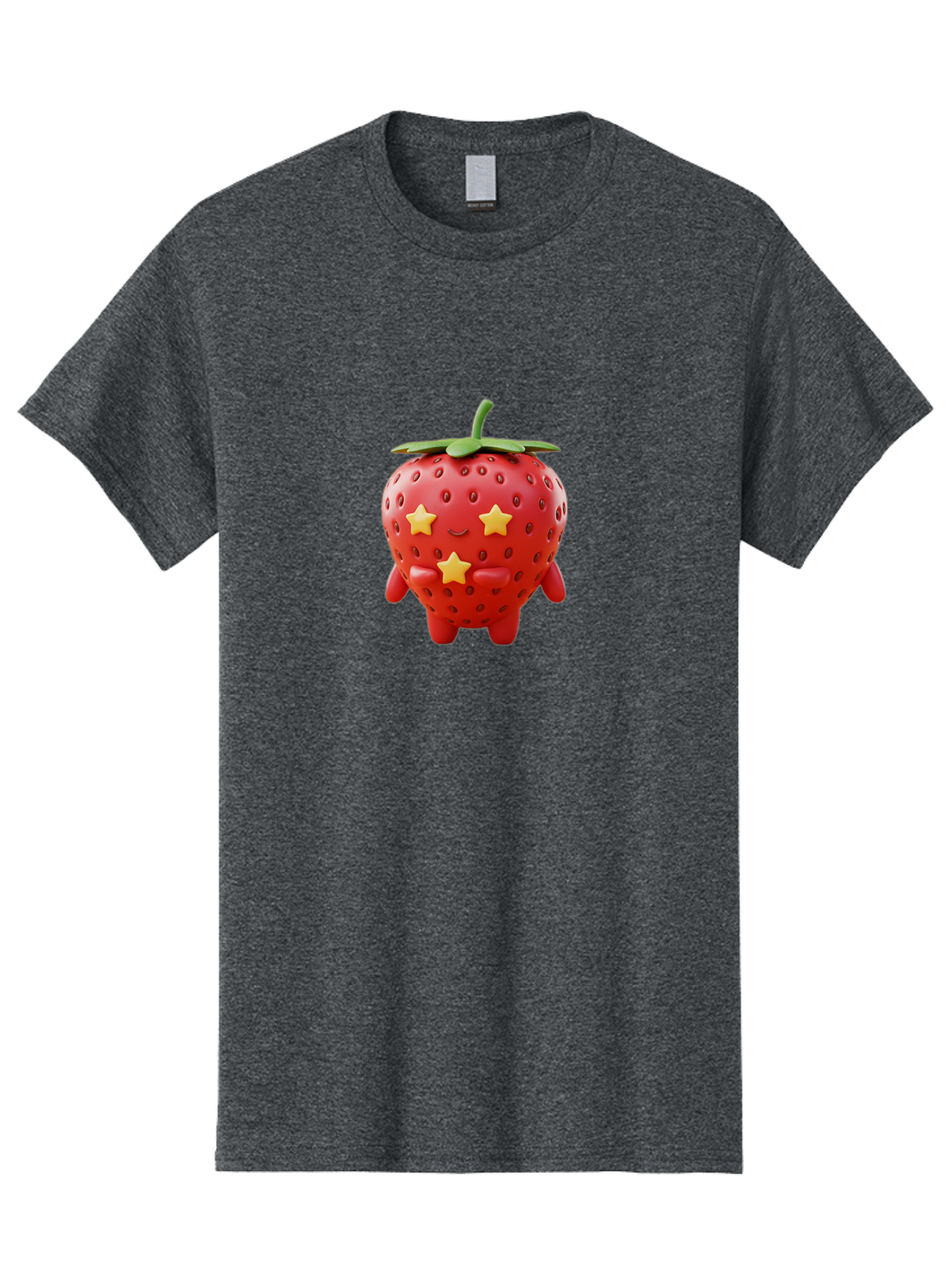 Strawberry-Character-1 Men'S Graphic Tee, 100% Cotton, Comfortable Casual Summer Wear, Machine Washable, Cartoon Strawberry, Cute Character, Smiling Face, Three Yellow Stars, Red Fruit, Green Leaf, Adorable Mascot, Fun Design, Bac472