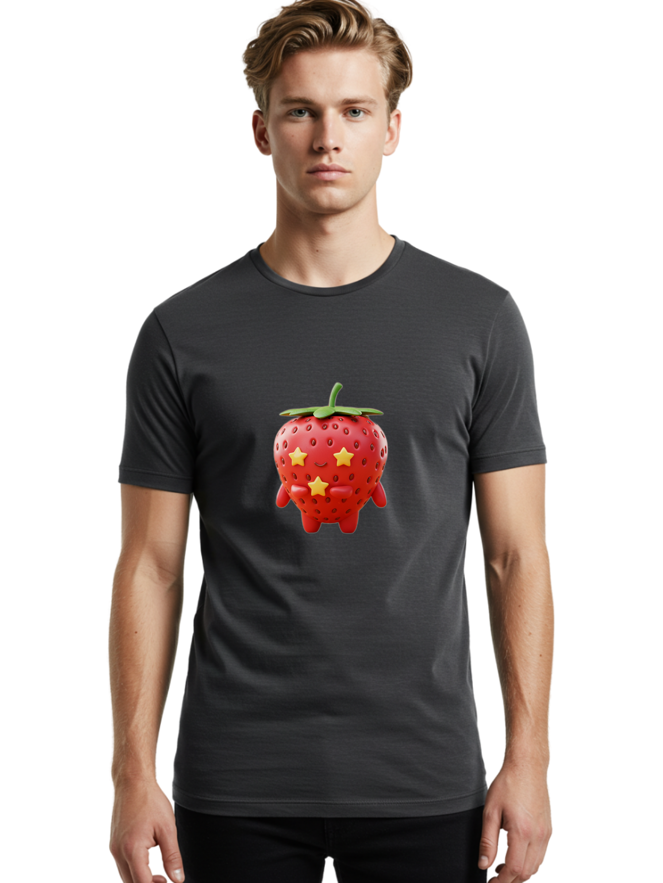 Strawberry-Character-1 Men'S Graphic Tee, 100% Cotton, Comfortable Casual Summer Wear, Machine Washable, Cartoon Strawberry, Cute Character, Smiling Face, Three Yellow Stars, Red Fruit, Green Leaf, Adorable Mascot, Fun Design, Bac472