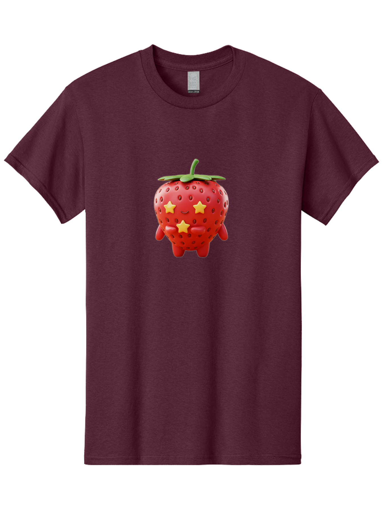 Strawberry-Character-1 Men'S Graphic Tee, 100% Cotton, Comfortable Casual Summer Wear, Machine Washable, Cartoon Strawberry, Cute Character, Smiling Face, Three Yellow Stars, Red Fruit, Green Leaf, Adorable Mascot, Fun Design, Bac472