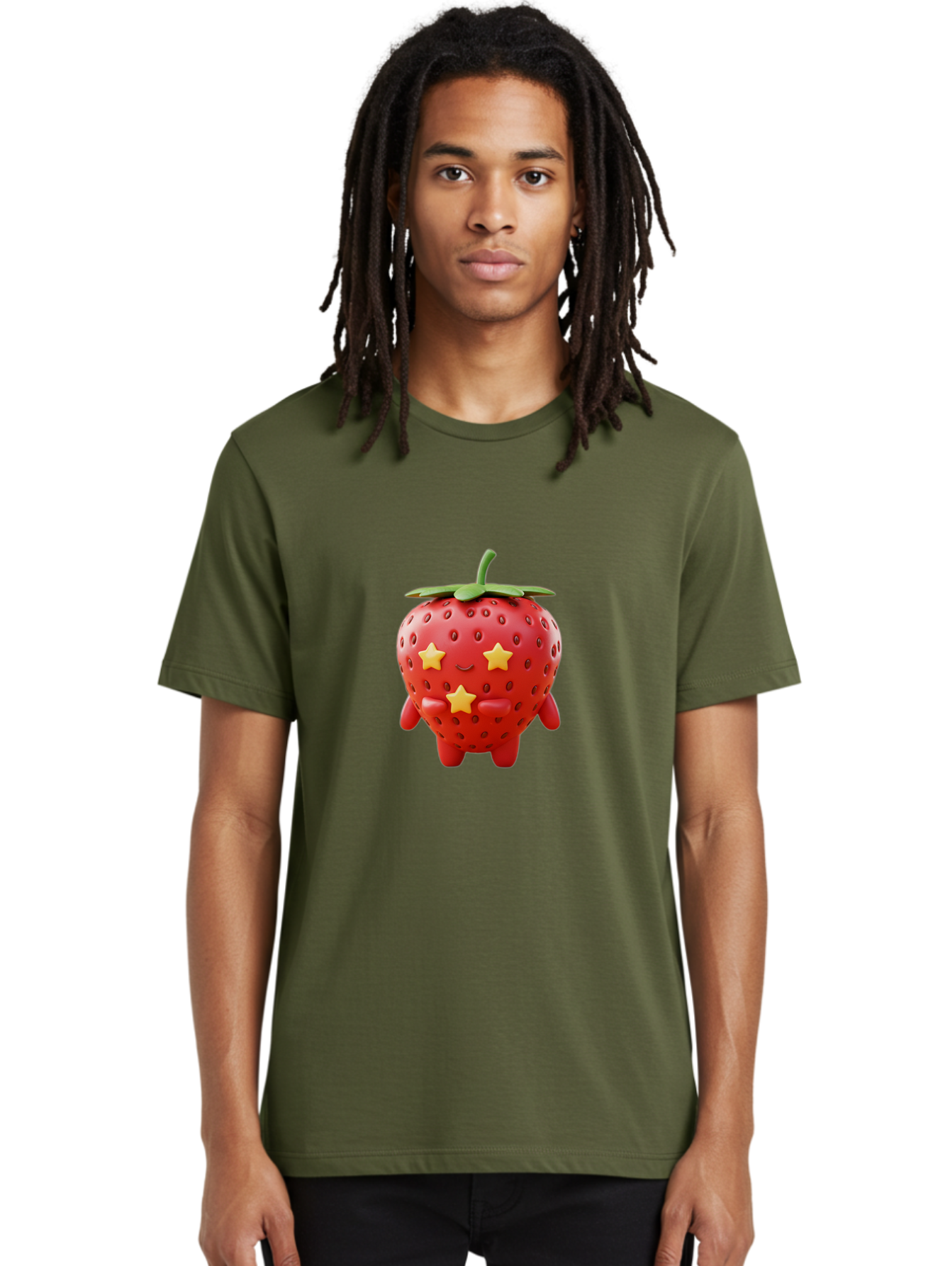 Strawberry-Character-1 Men'S Graphic Tee, 100% Cotton, Comfortable Casual Summer Wear, Machine Washable, Cartoon Strawberry, Cute Character, Smiling Face, Three Yellow Stars, Red Fruit, Green Leaf, Adorable Mascot, Fun Design, Bac472