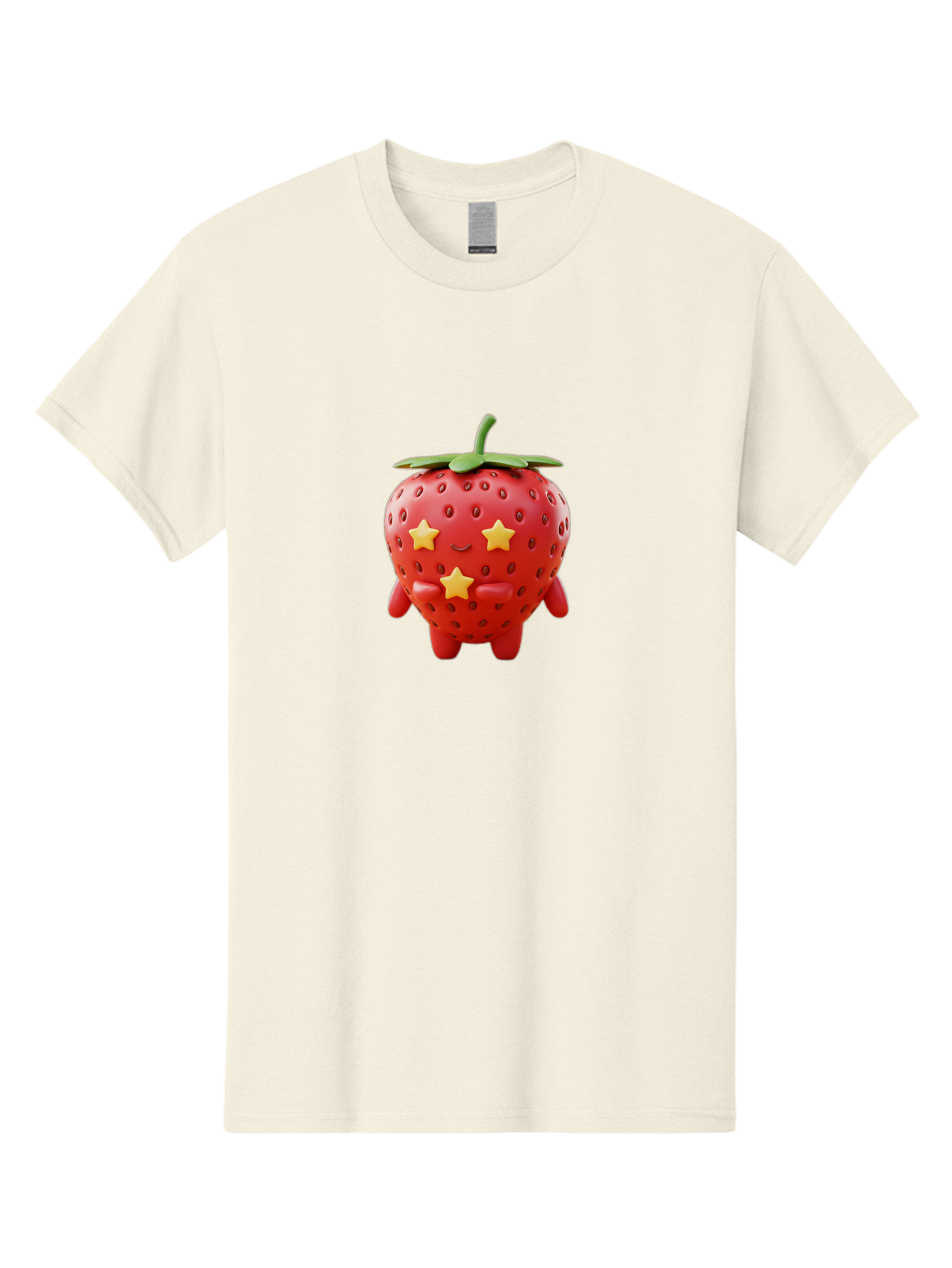 Strawberry-Character-1 Men'S Graphic Tee, 100% Cotton, Comfortable Casual Summer Wear, Machine Washable, Cartoon Strawberry, Cute Character, Smiling Face, Three Yellow Stars, Red Fruit, Green Leaf, Adorable Mascot, Fun Design, Bac472