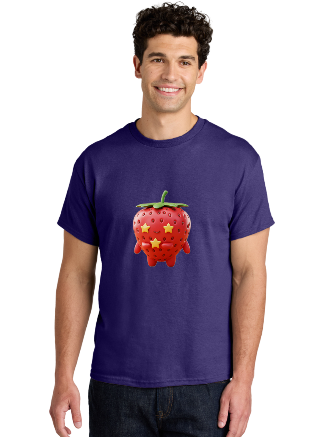 Strawberry-Character-1 Men'S Graphic Tee, 100% Cotton, Comfortable Casual Summer Wear, Machine Washable, Cartoon Strawberry, Cute Character, Smiling Face, Three Yellow Stars, Red Fruit, Green Leaf, Adorable Mascot, Fun Design, Bac472