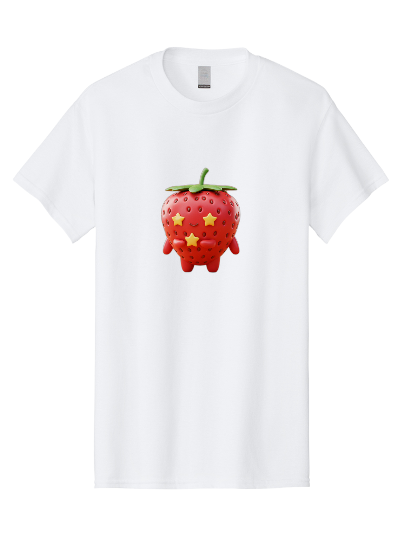 Strawberry-Character-1 Men'S Graphic Tee, 100% Cotton, Comfortable Casual Summer Wear, Machine Washable, Cartoon Strawberry, Cute Character, Smiling Face, Three Yellow Stars, Red Fruit, Green Leaf, Adorable Mascot, Fun Design, Bac472