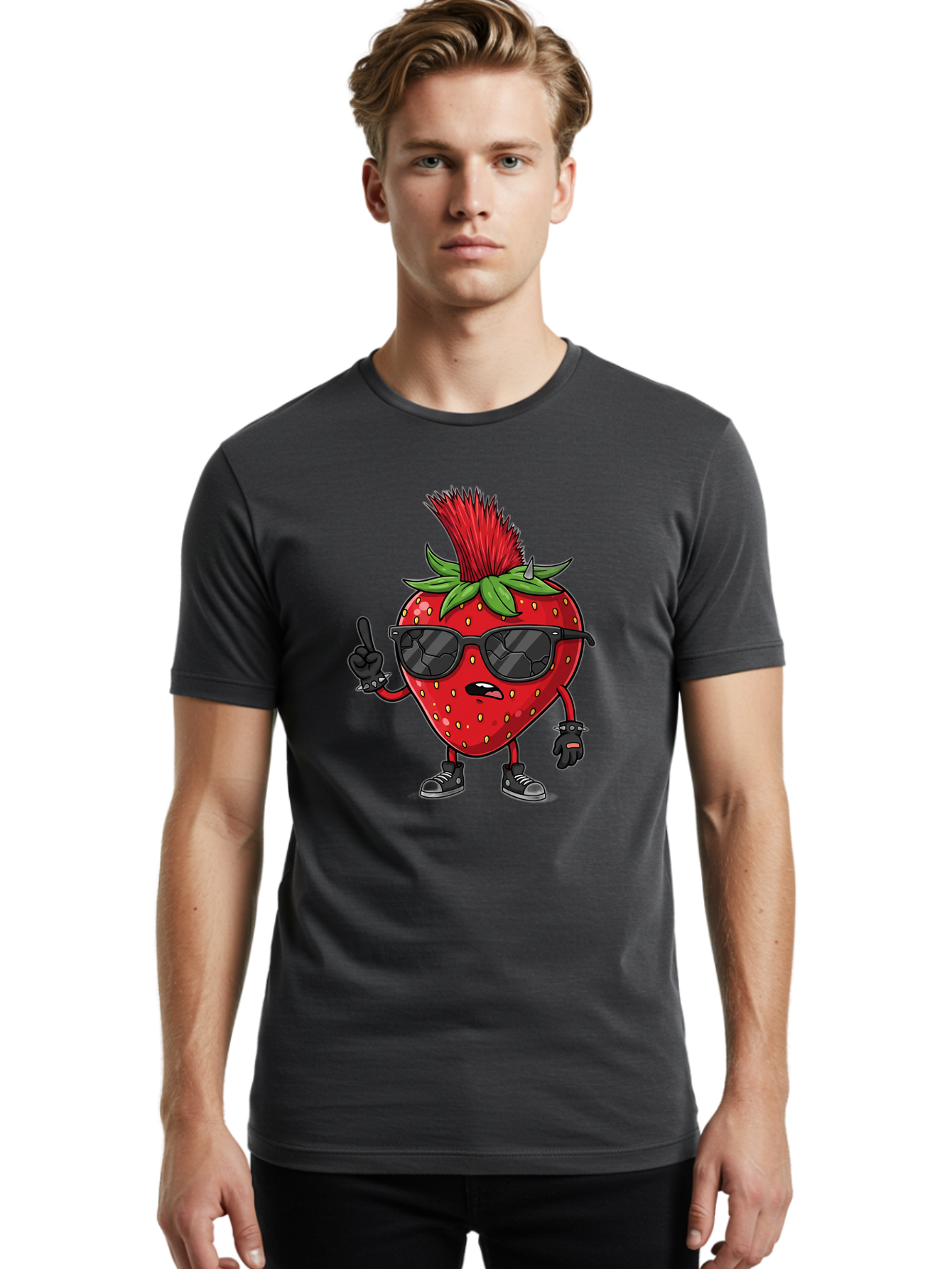 Strawberry-Character Men'S Graphic Tee, 100% Cotton, Comfortable Casual Summer Wear, Machine Washable, Cartoon Strawberry, Cool Strawberry Character, Sunglasses, Punk Rock Style, Fruit Character Design, Strawberry Mascot, Funny Strawberry, Bac473