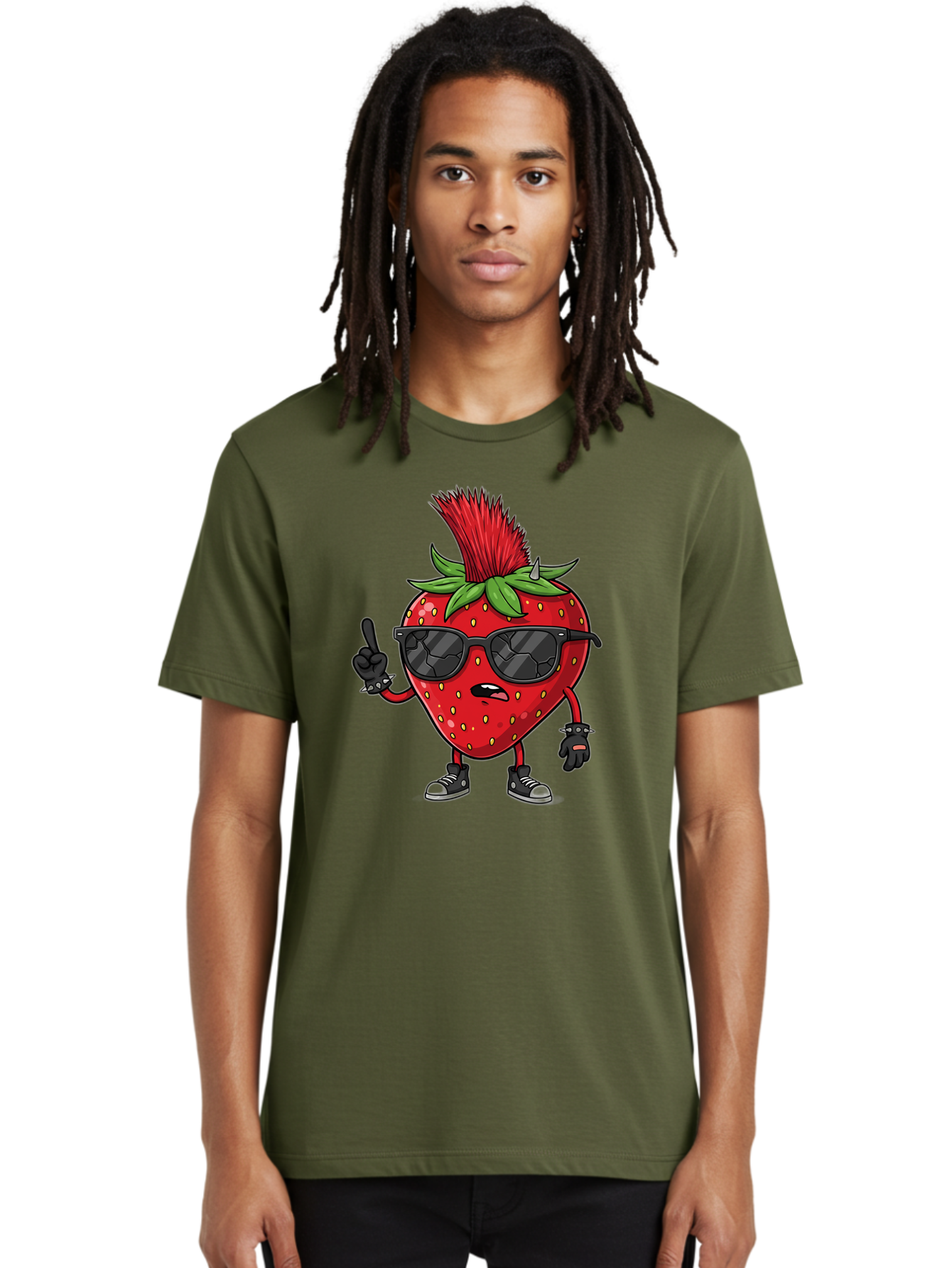 Strawberry-Character Men'S Graphic Tee, 100% Cotton, Comfortable Casual Summer Wear, Machine Washable, Cartoon Strawberry, Cool Strawberry Character, Sunglasses, Punk Rock Style, Fruit Character Design, Strawberry Mascot, Funny Strawberry, Bac473